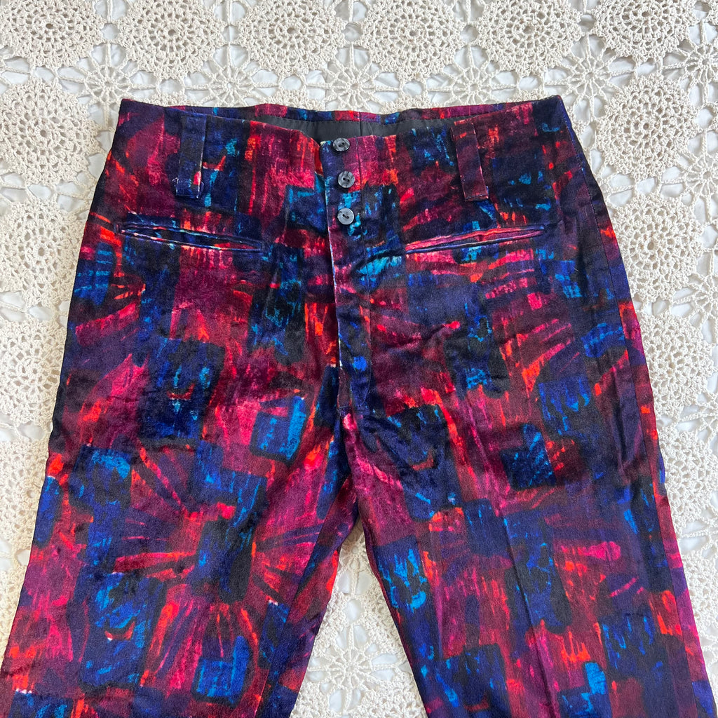 60s/70s Velvet Psychedelic Blue and Red Bell Bottom Pants 33x29