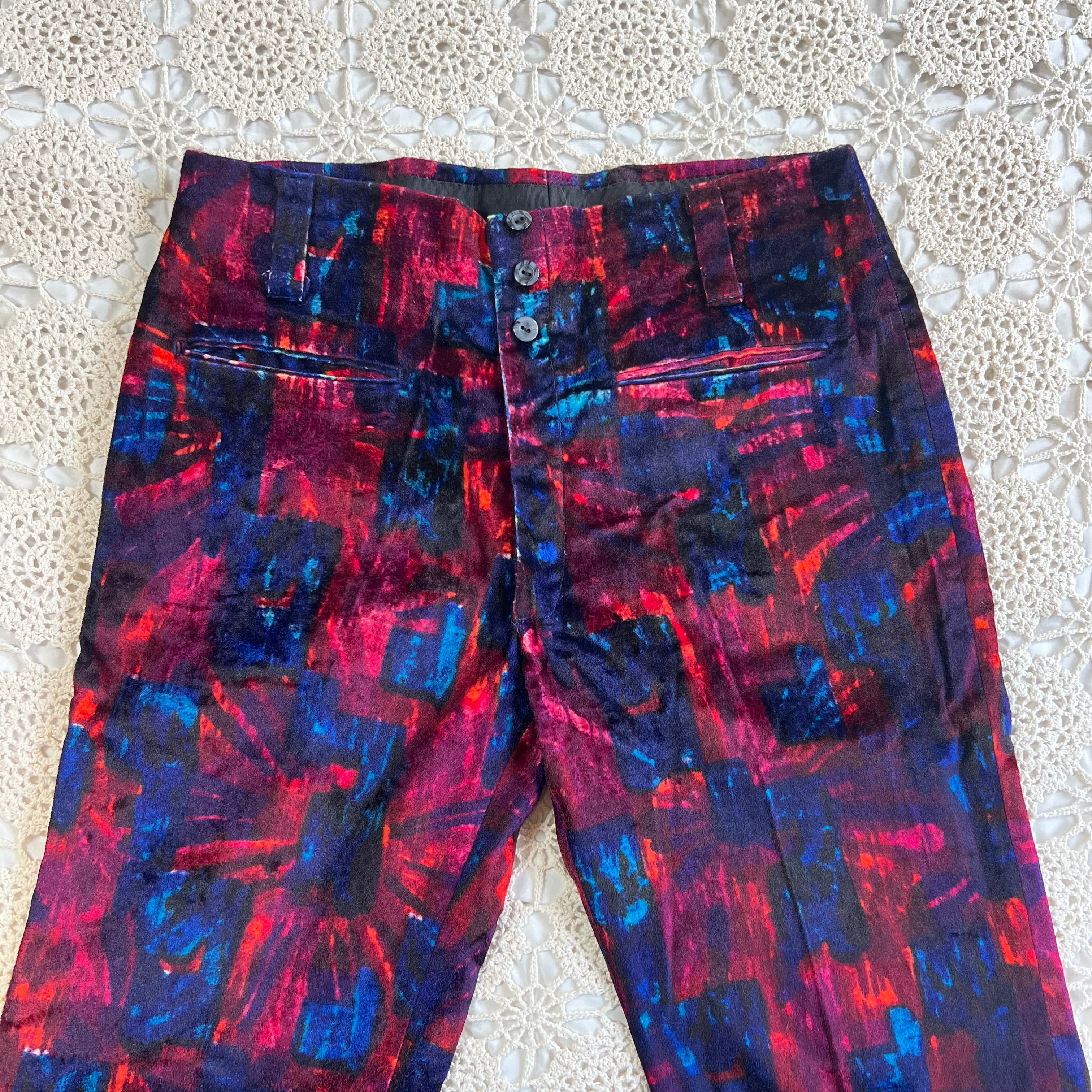 60s/70s Velvet Psychedelic Blue and Red Bell Bottom Pants 33x29