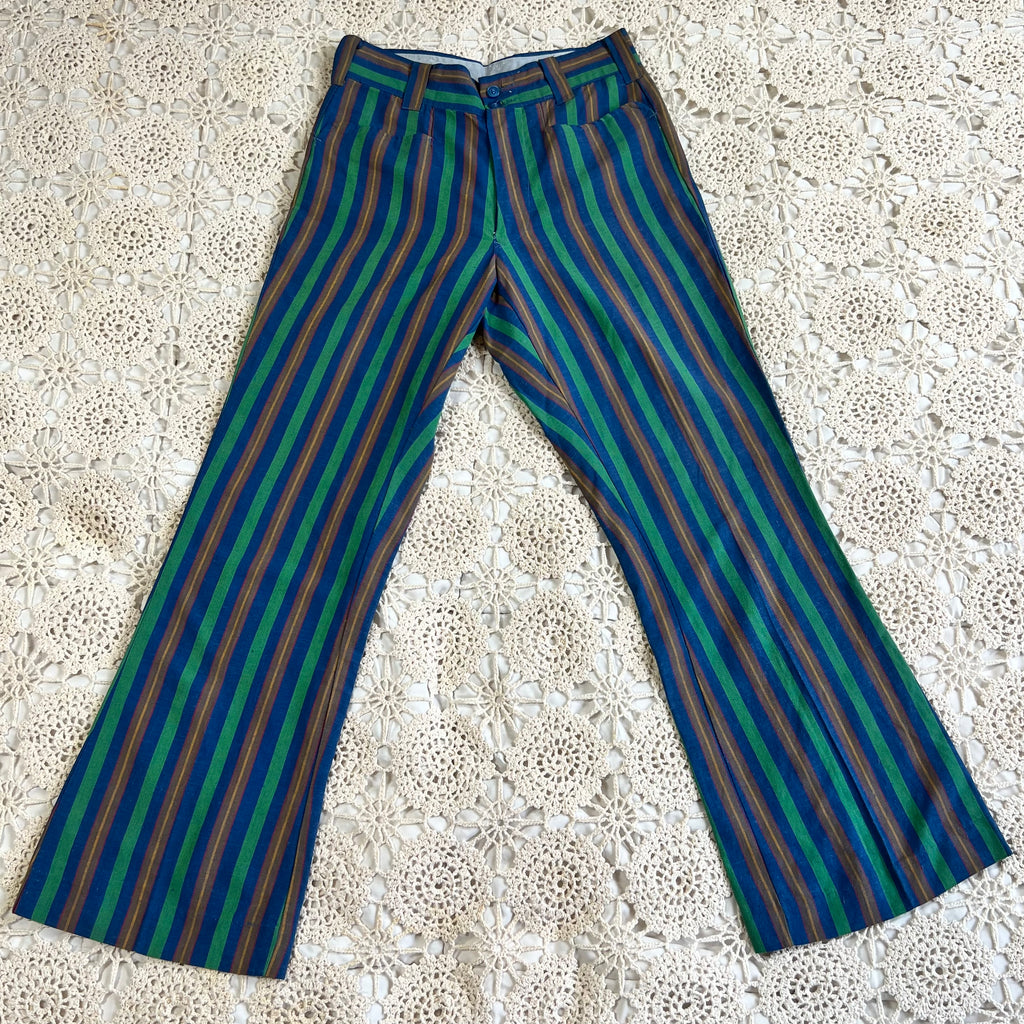 60s Mod Blue and Green Striped Flare Trousers 27x27