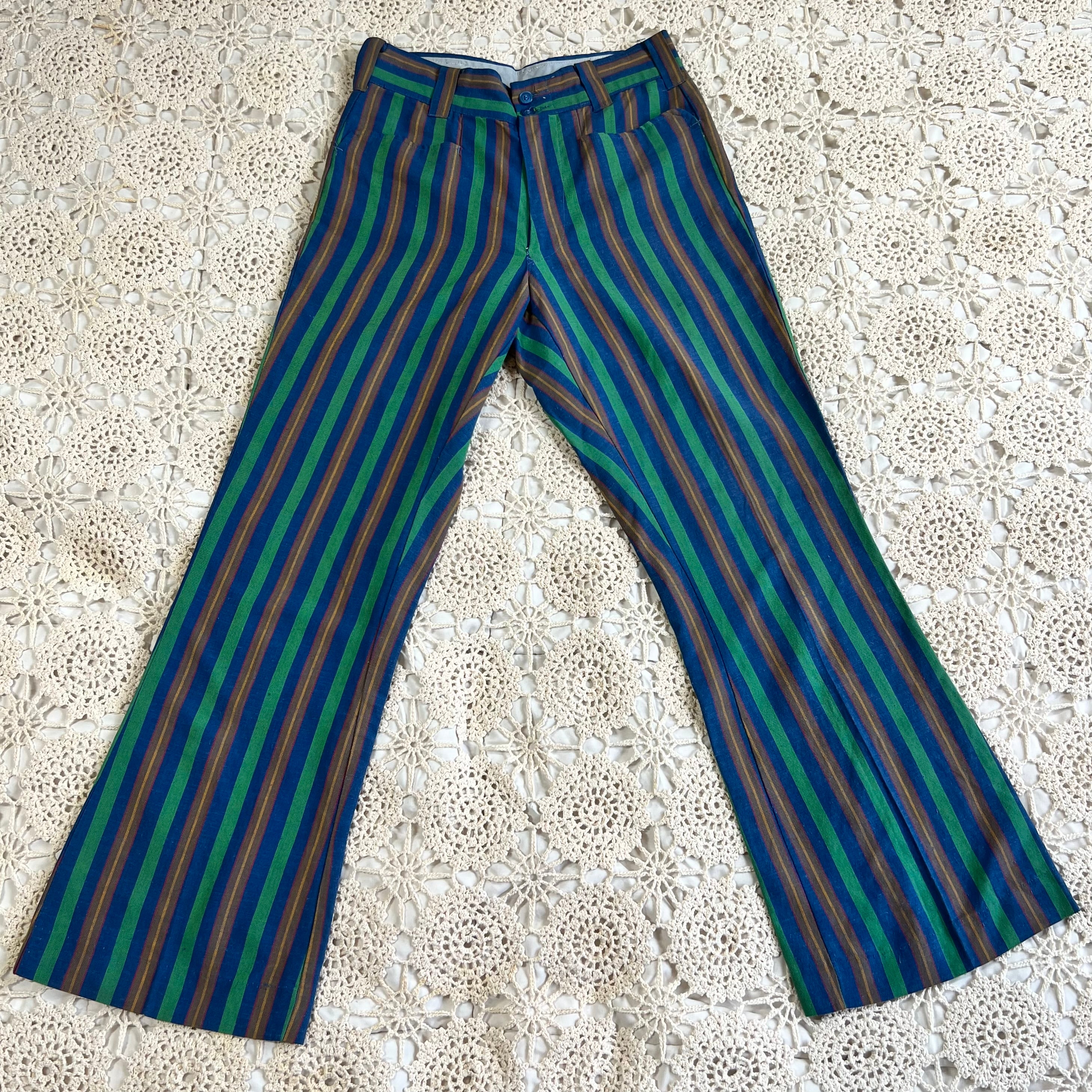60s Mod Blue and Green Striped Flare Trousers 27x27