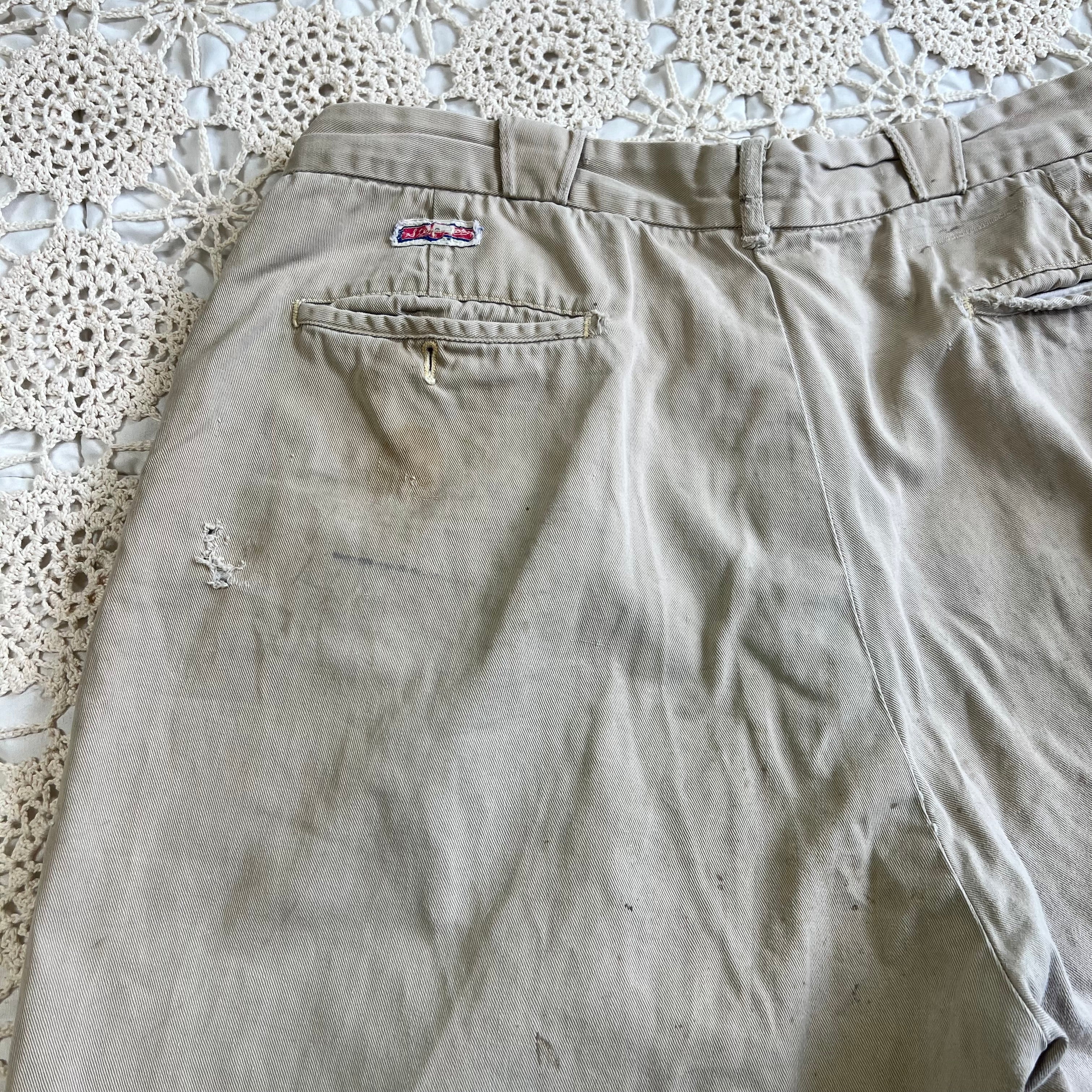 40s 50s Tan Chino Work Pants with Original Repairs 36x30