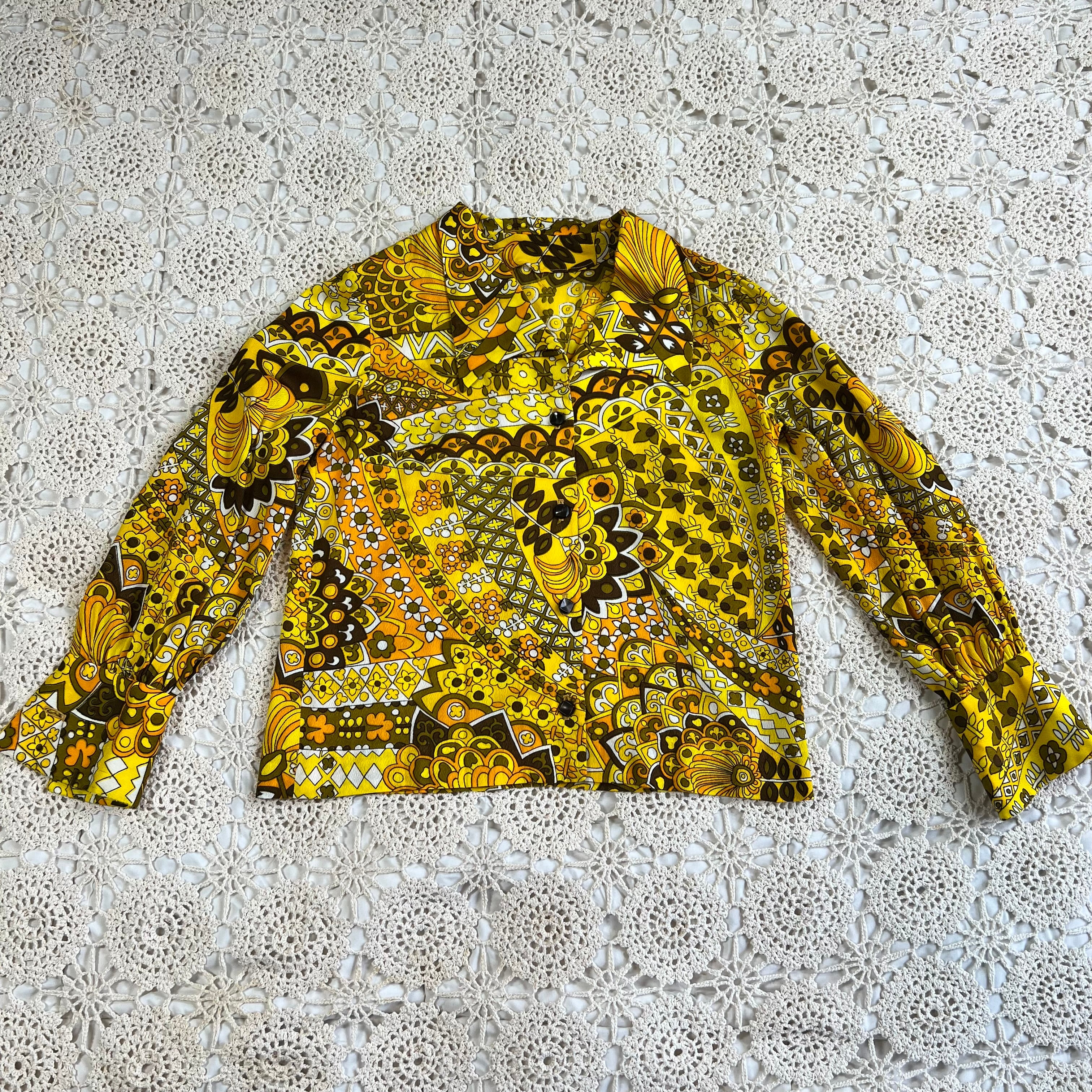 60s Hawaiian Textiles Barkcloth Dagger Collar Blouse M