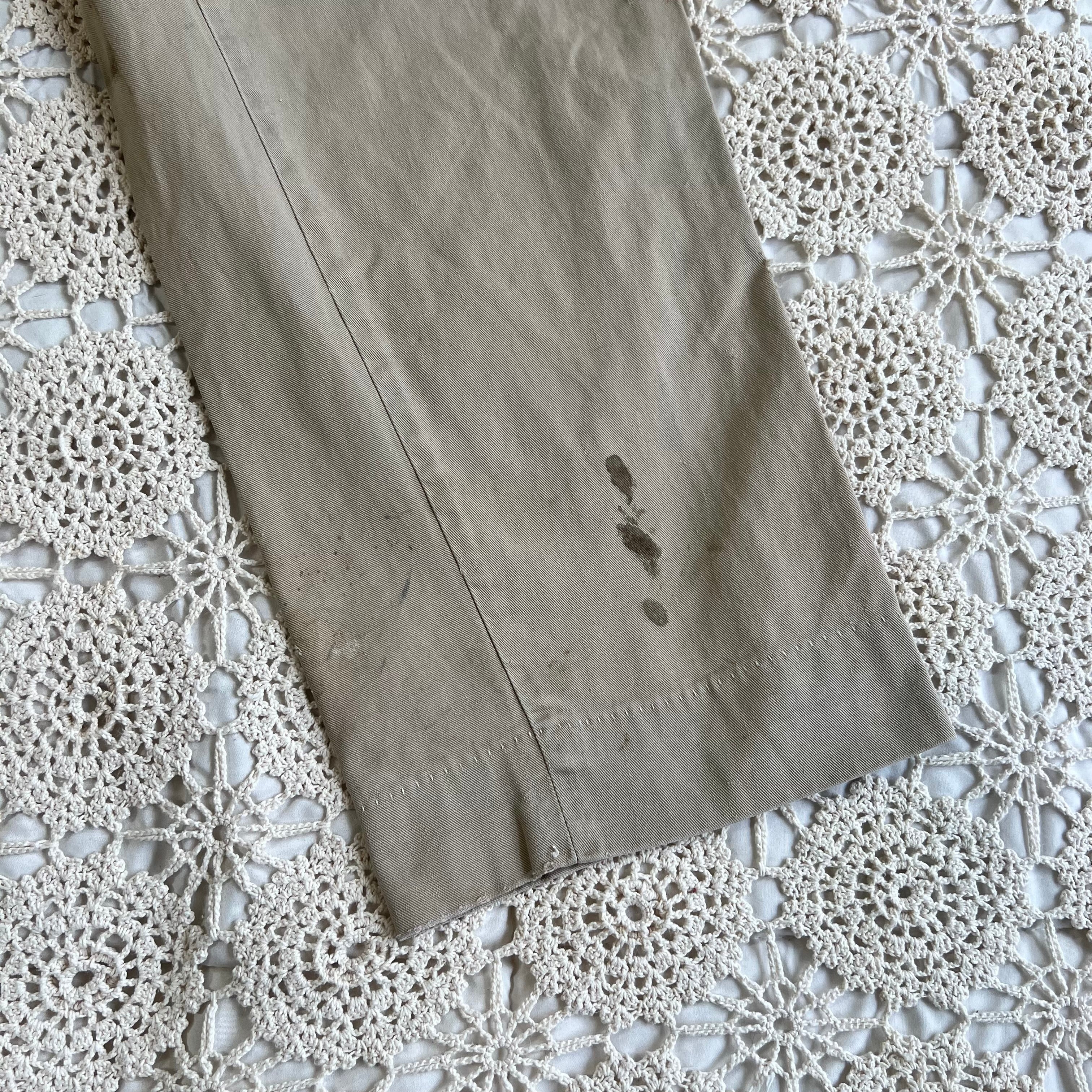 40s 50s Tan Chino Work Pants with Original Repairs 36x30