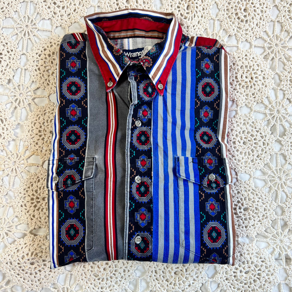 90s Wrangler Southwestern Aztec Stripe Western Button Up L/XL