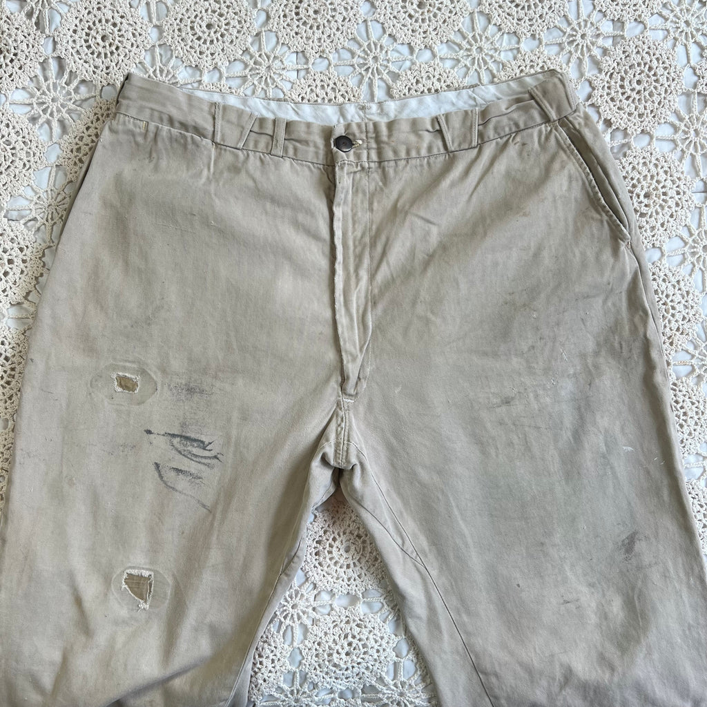 40s 50s Tan Chino Work Pants with Original Repairs 36x30