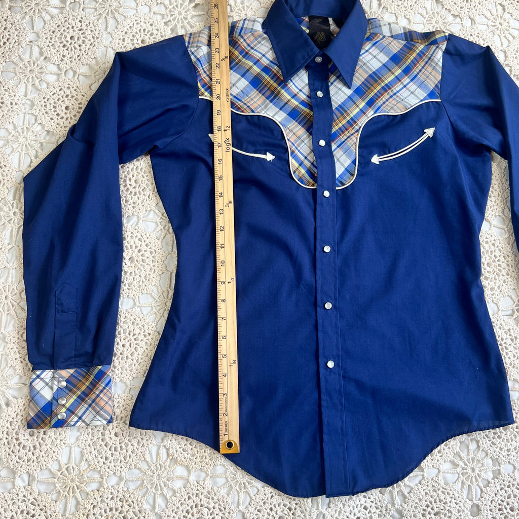 70s Style Works Western Pearl Snap Navy and Brown Plaid M