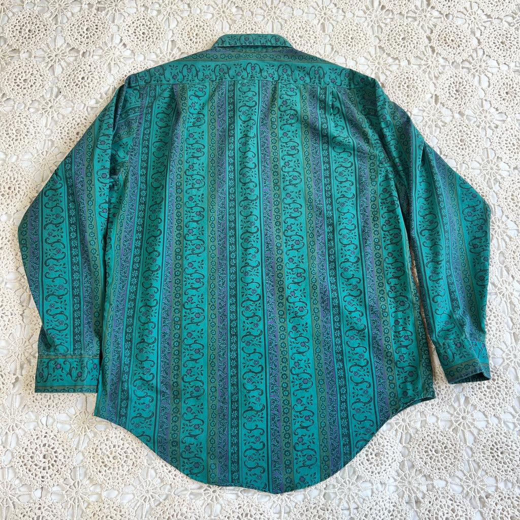 80s Oakton Limited Paisley Tapestry Blue and Green Button Down L/XL