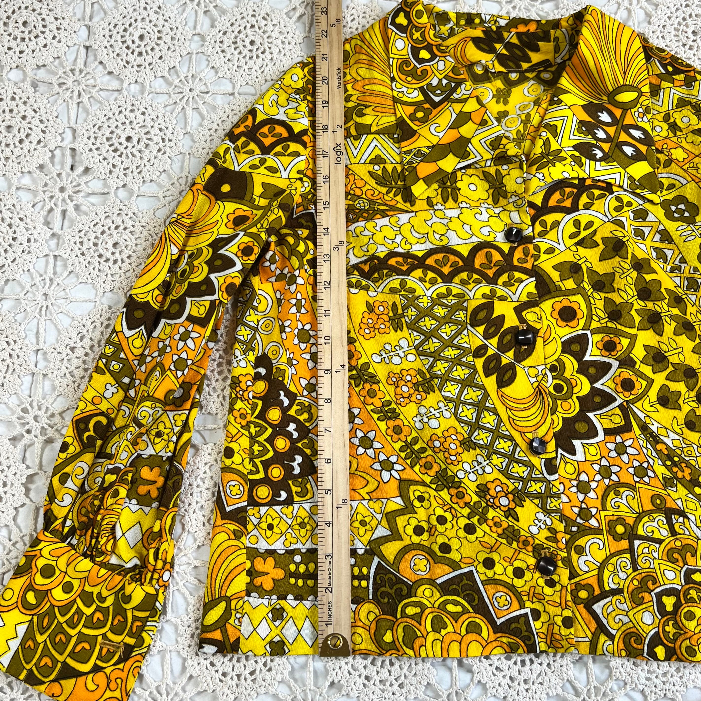 60s Hawaiian Textiles Barkcloth Dagger Collar Blouse M