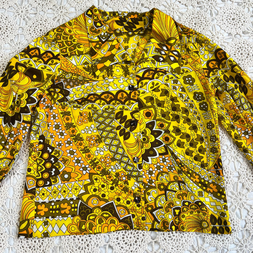 60s Hawaiian Textiles Barkcloth Dagger Collar Blouse M