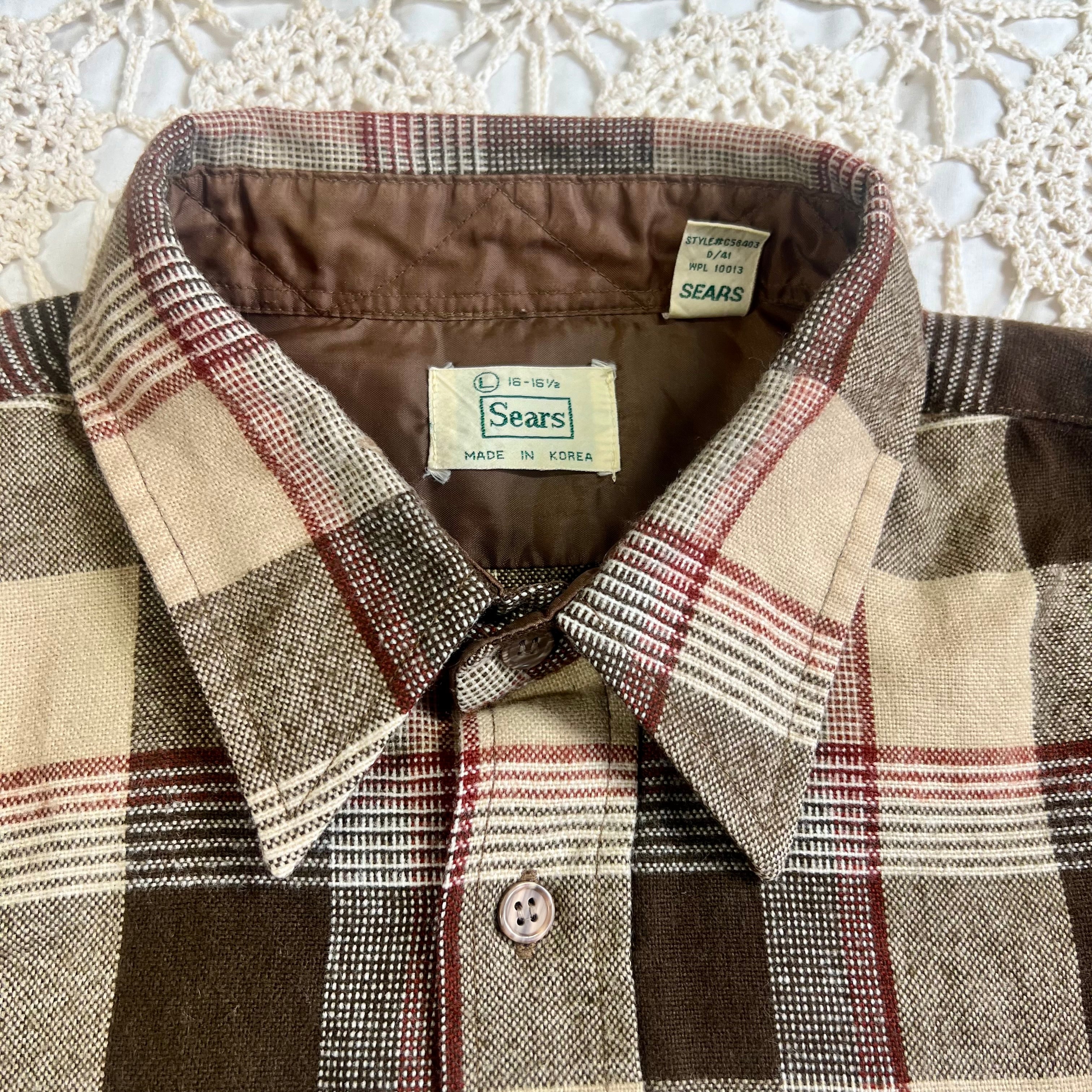 70s Sears Brown Tan Red Plaid Flannel XL