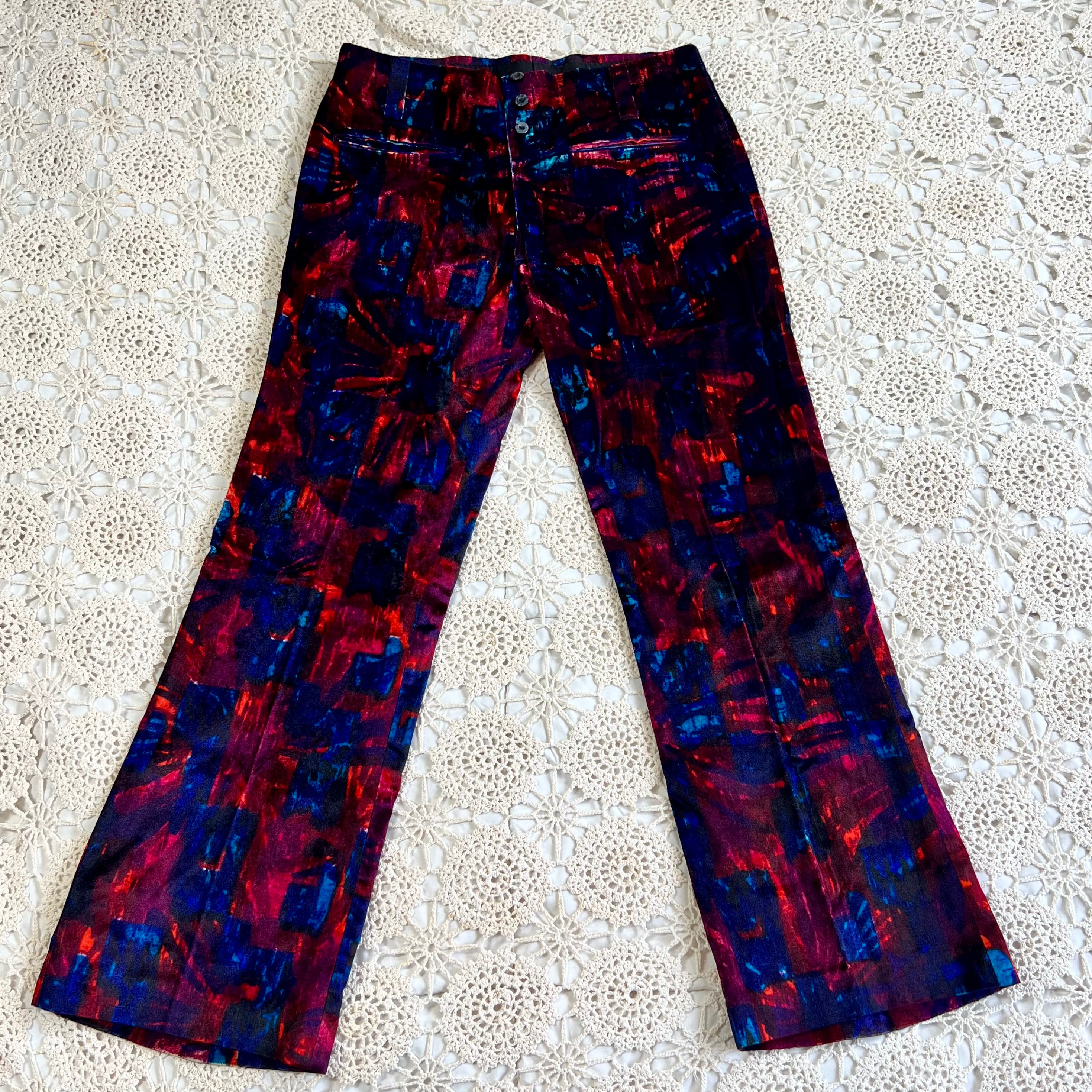 60s/70s Velvet Psychedelic Blue and Red Bell Bottom Pants 33x29