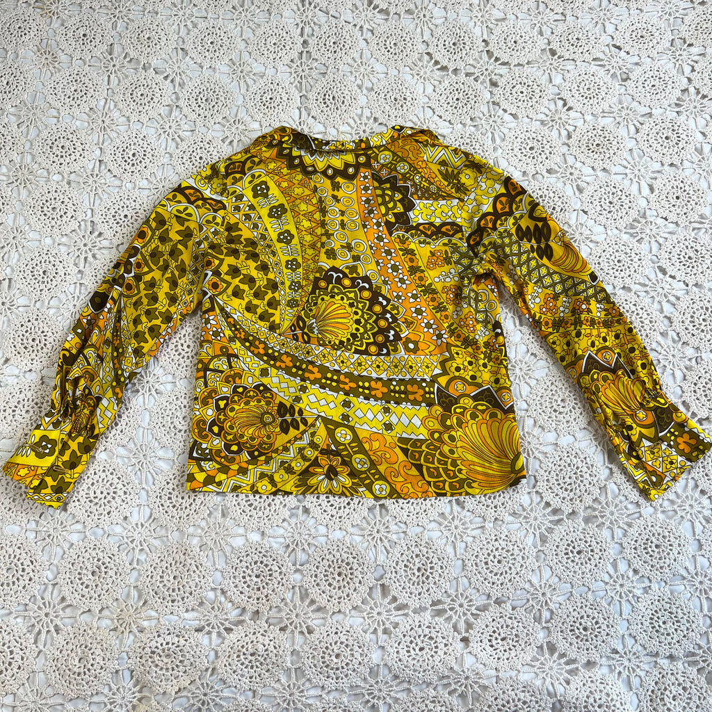 60s Hawaiian Textiles Barkcloth Dagger Collar Blouse M