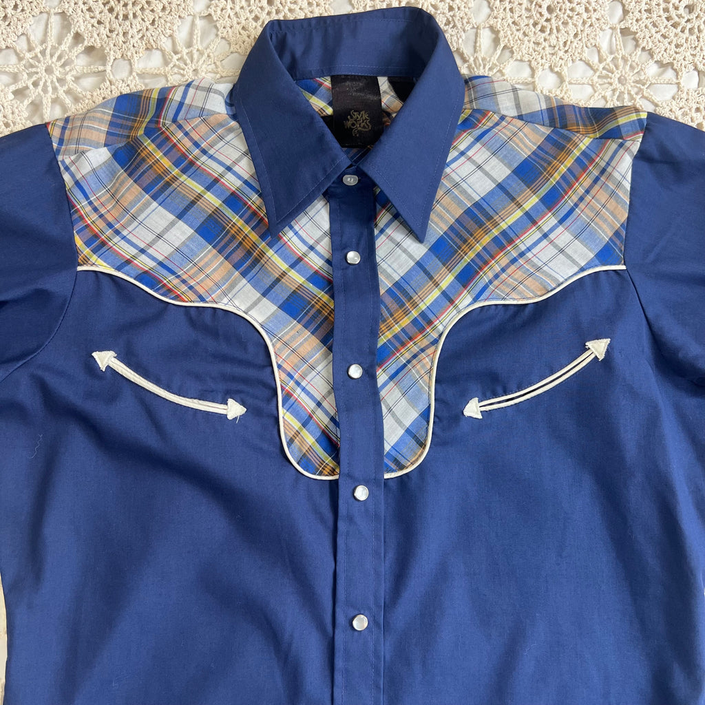 70s Style Works Western Pearl Snap Navy and Brown Plaid M
