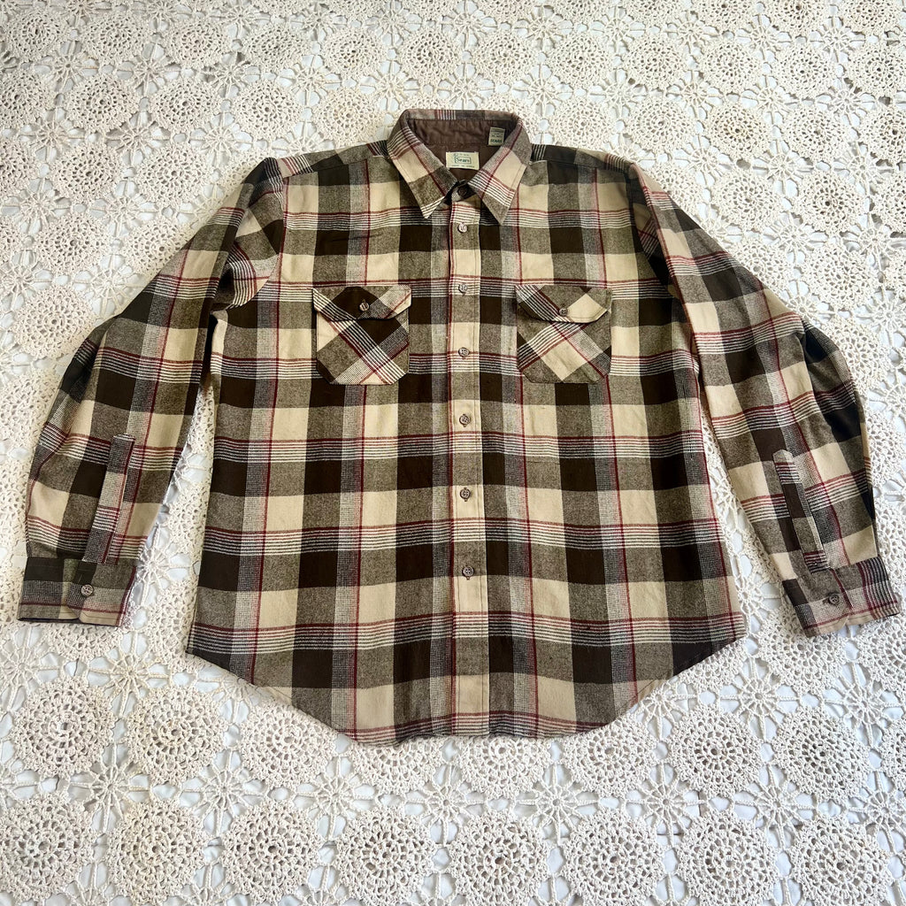 70s Sears Brown Tan Red Plaid Flannel XL