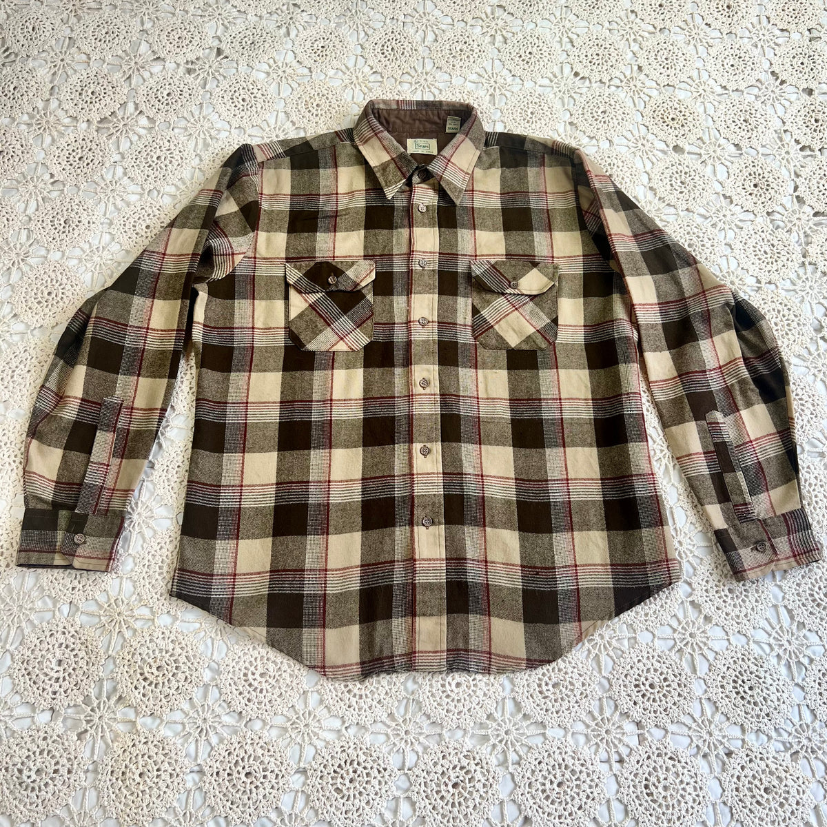 70s Sears Brown Tan Red Plaid Flannel XL