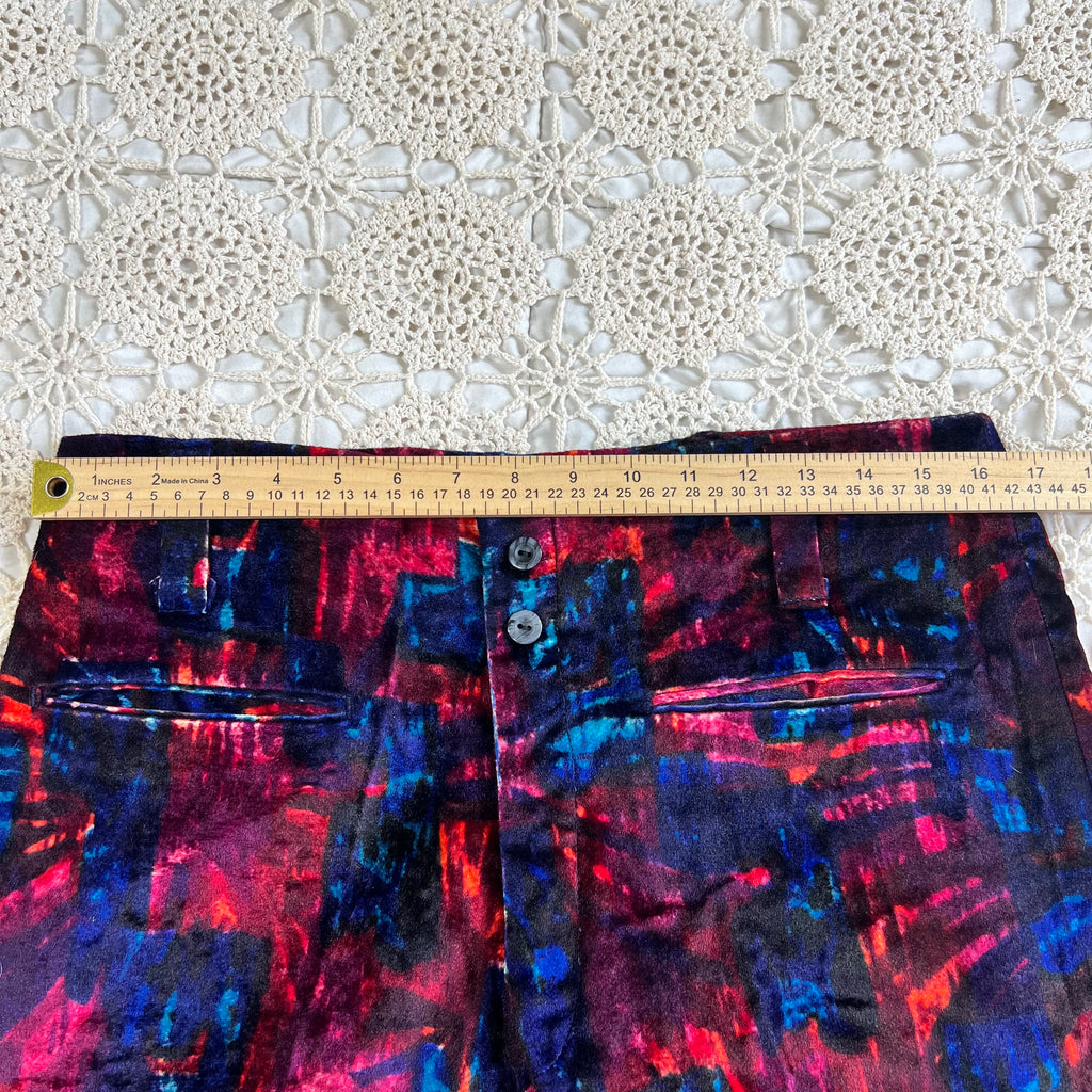 60s/70s Velvet Psychedelic Blue and Red Bell Bottom Pants 33x29
