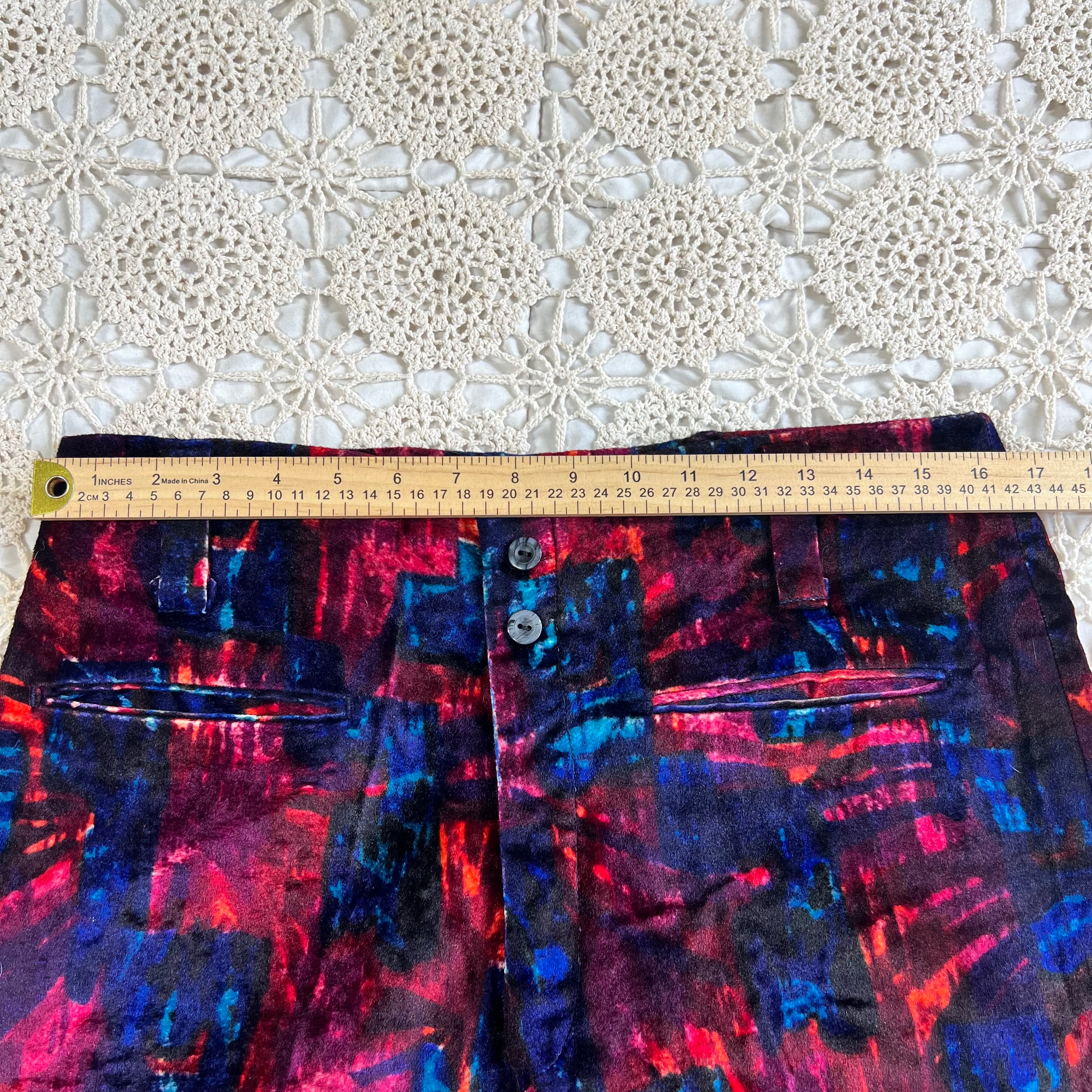 60s/70s Velvet Psychedelic Blue and Red Bell Bottom Pants 33x29