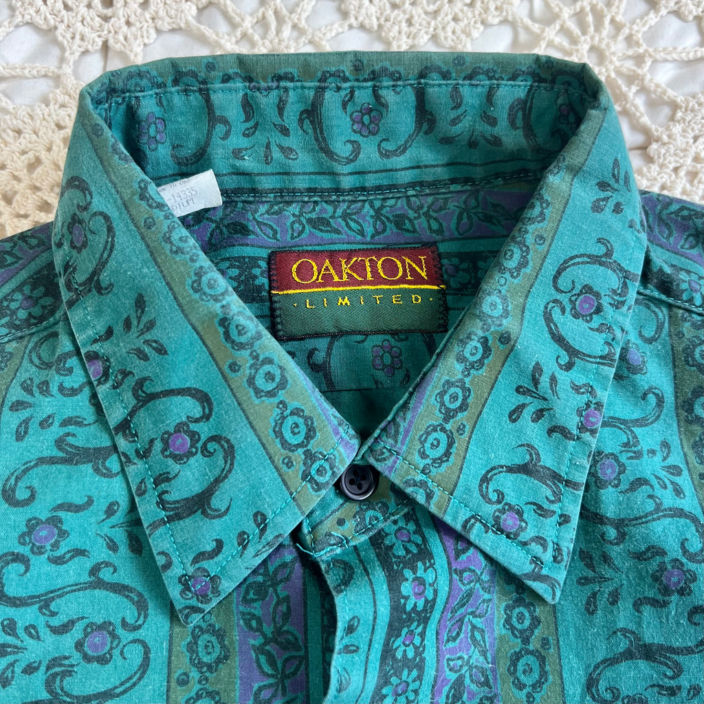 80s Oakton Limited Paisley Tapestry Blue and Green Button Down L/XL