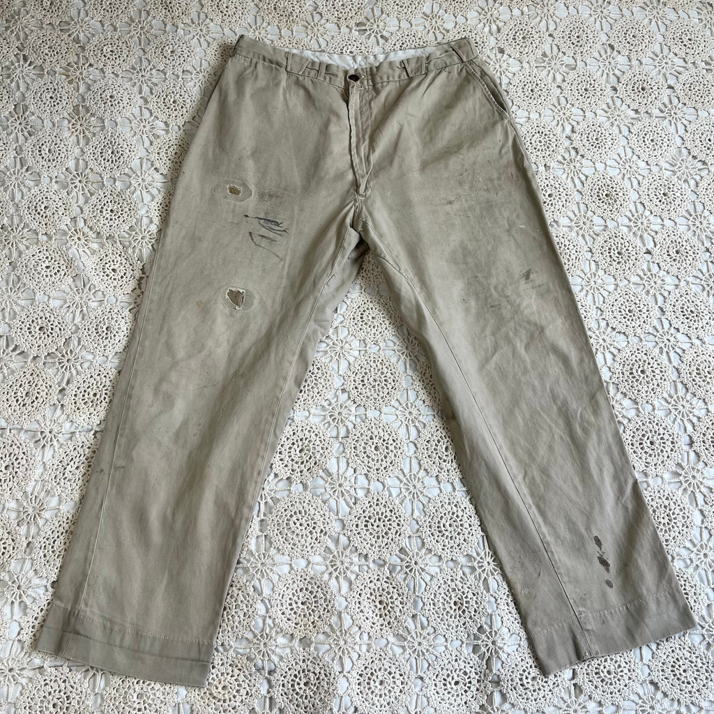 40s 50s Tan Chino Work Pants with Original Repairs 36x30