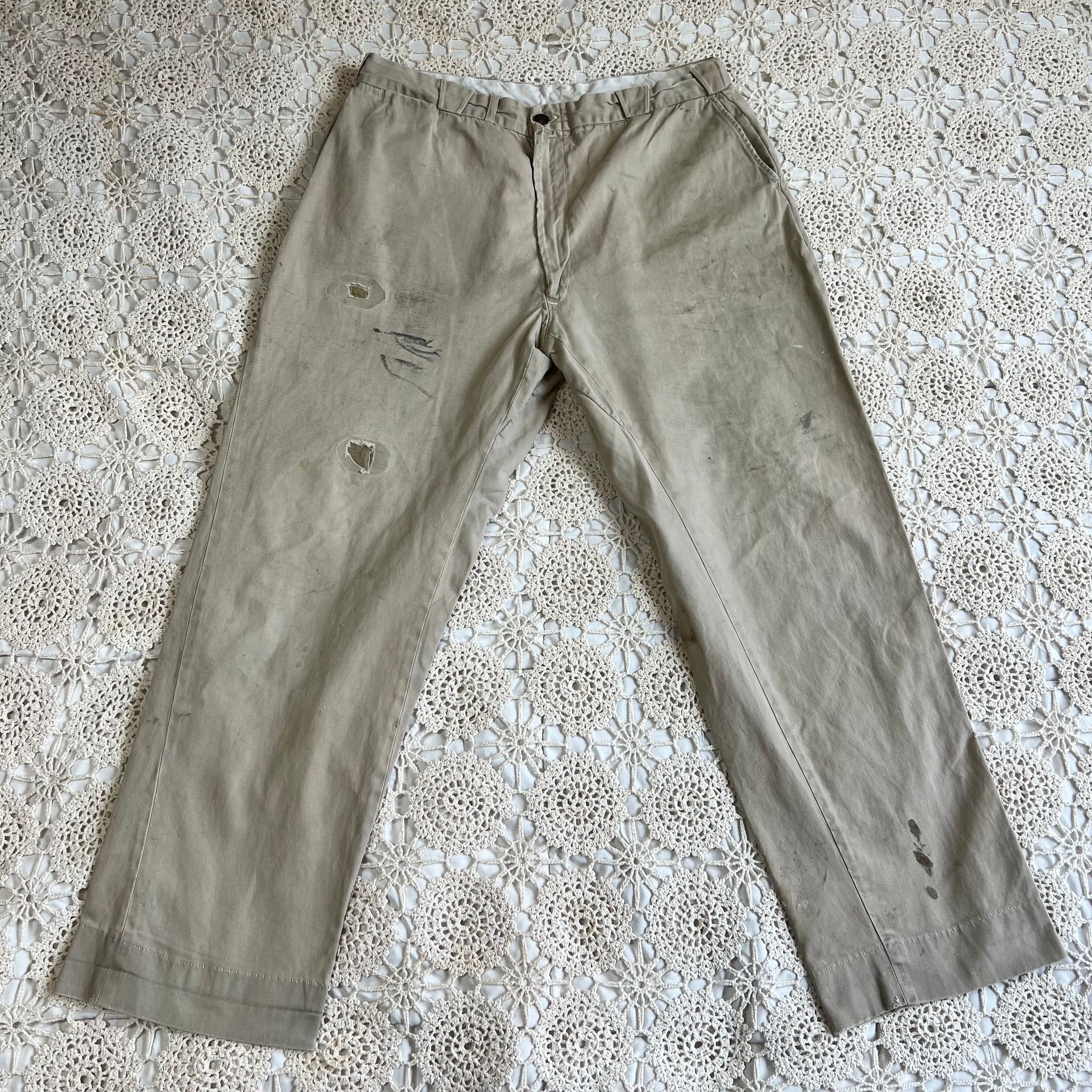 40s 50s Tan Chino Work Pants with Original Repairs 36x30