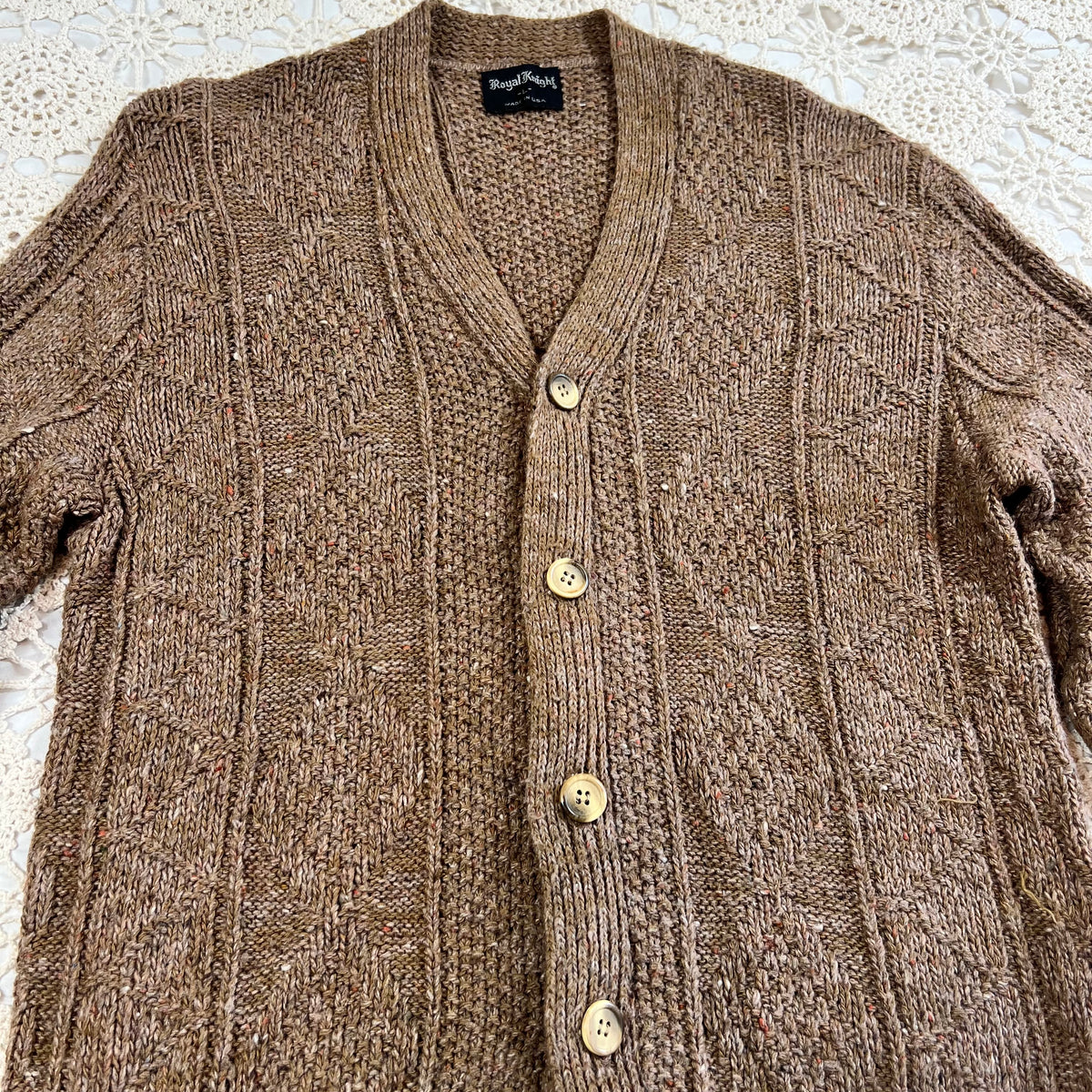 60s Royal Knight Brown Chunky Knit Cardigan L