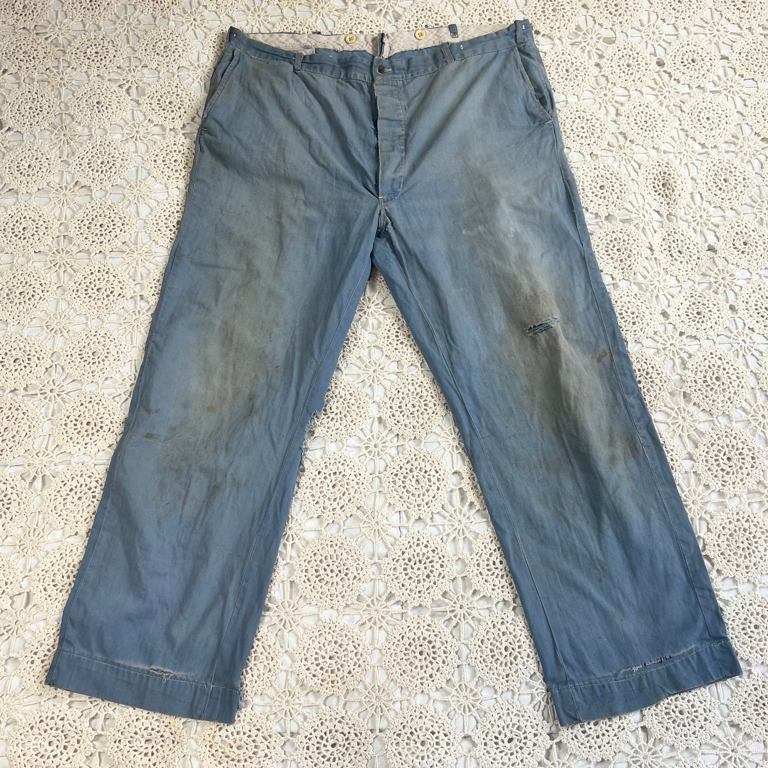 40s Faded Blue Twill Button Fly Work Trousers 40x28