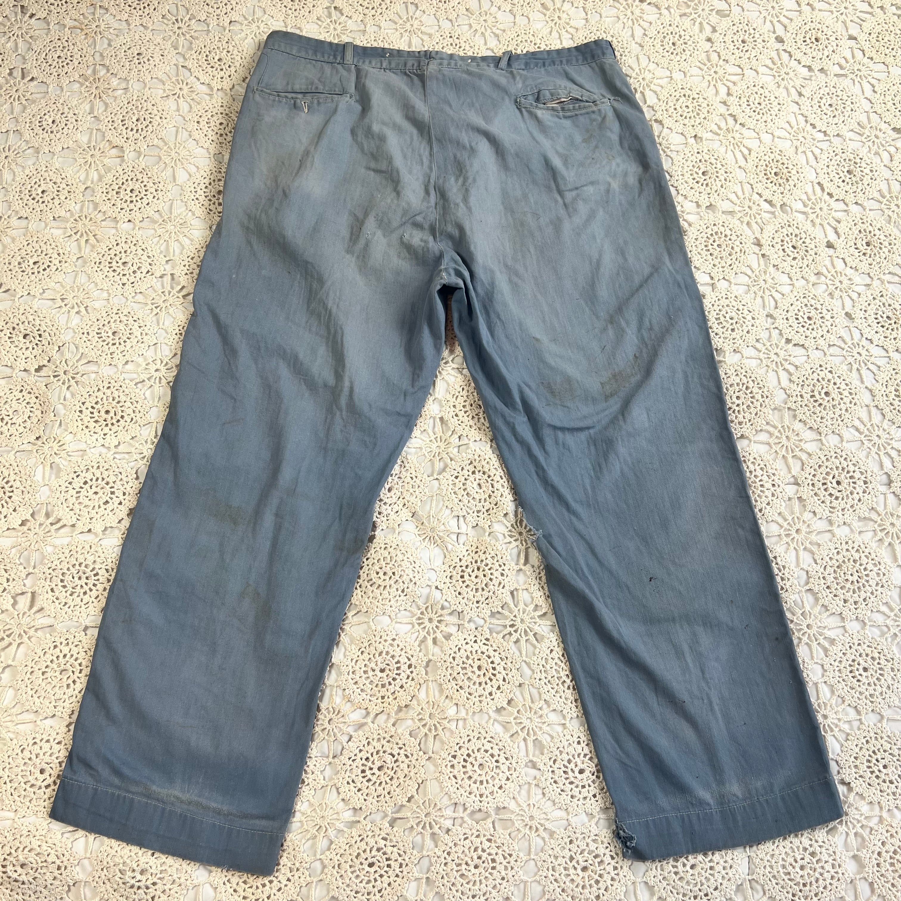 40s Faded Blue Twill Button Fly Work Trousers 40x28