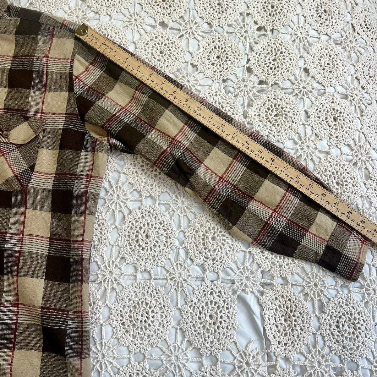 70s Sears Brown Tan Red Plaid Flannel XL