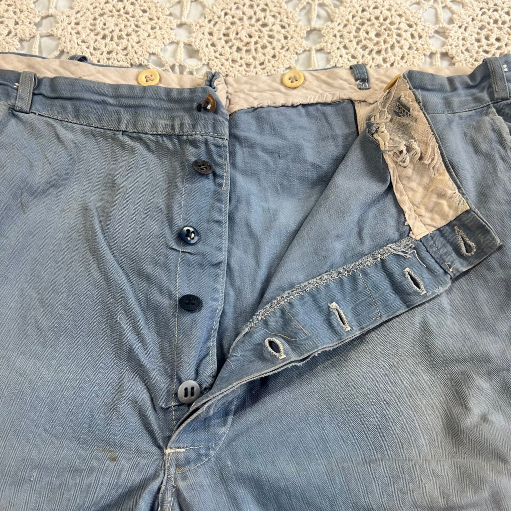 40s Faded Blue Twill Button Fly Work Trousers 40x28