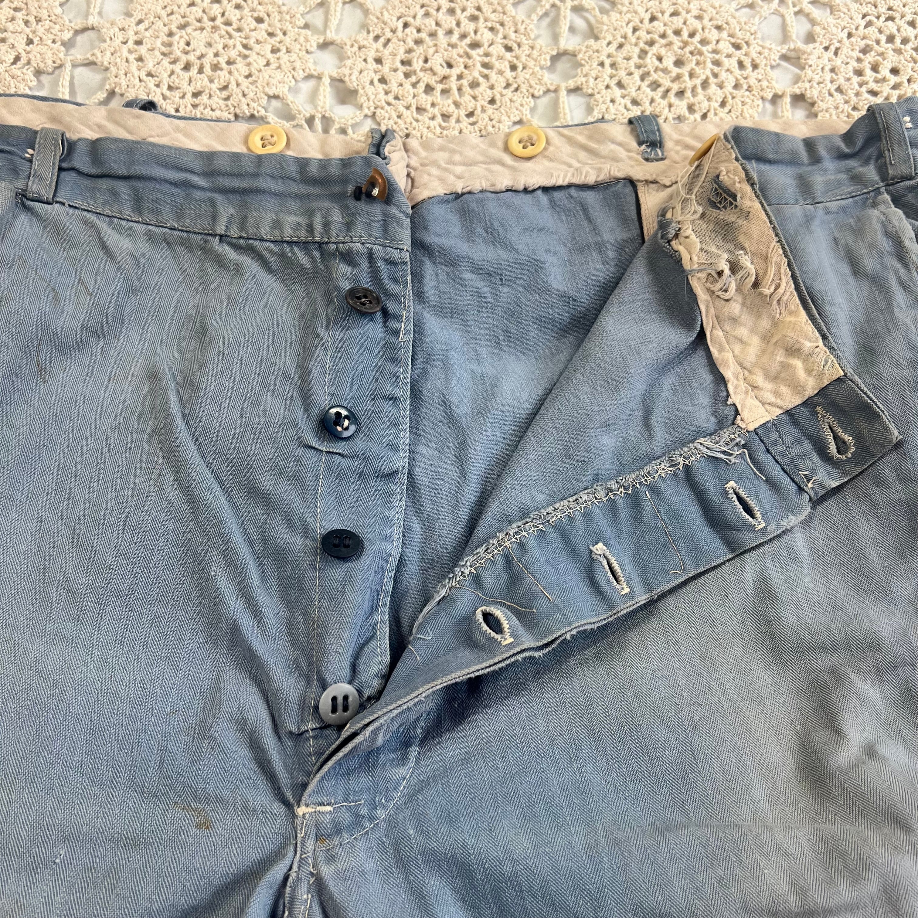 40s Faded Blue Twill Button Fly Work Trousers 40x28