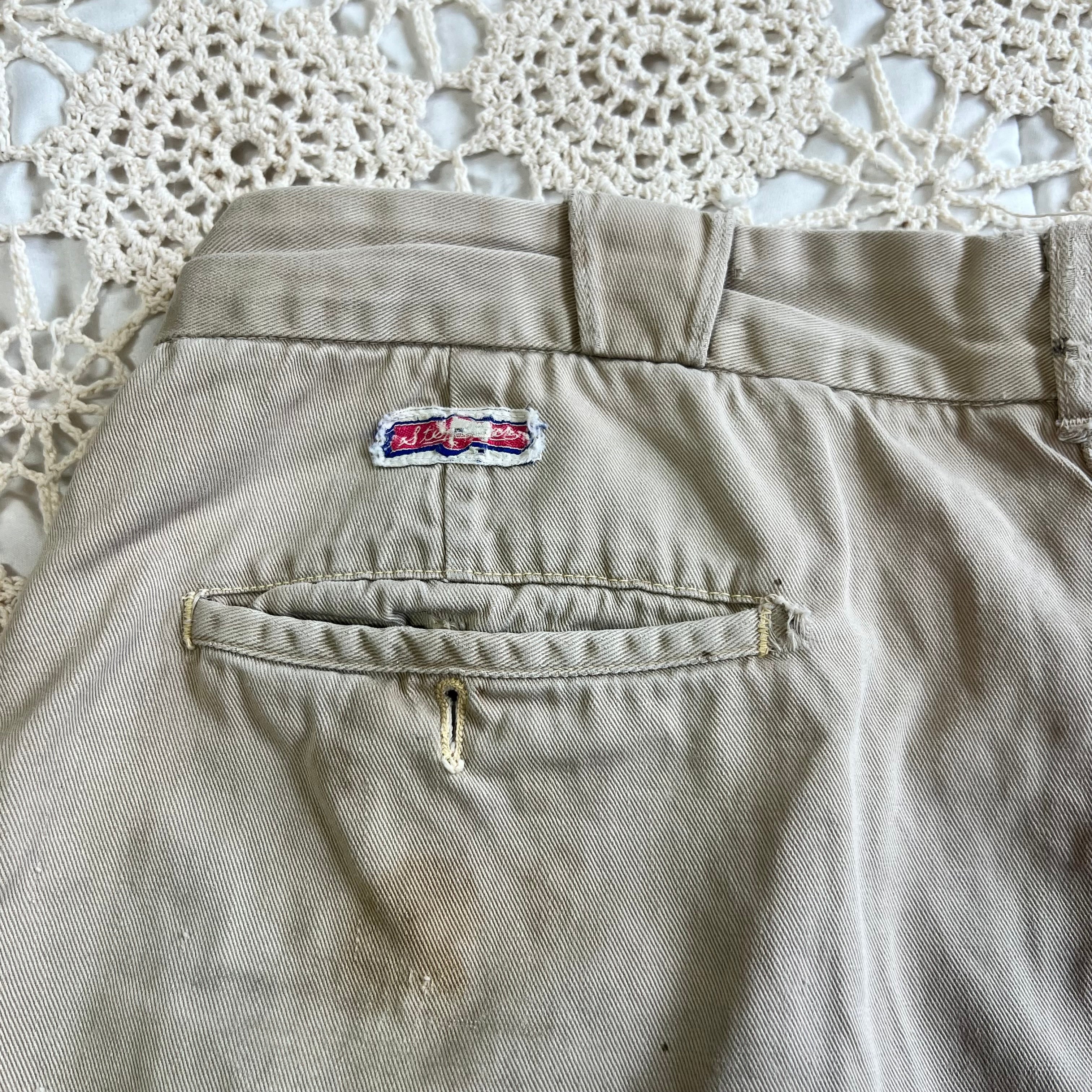 40s 50s Tan Chino Work Pants with Original Repairs 36x30