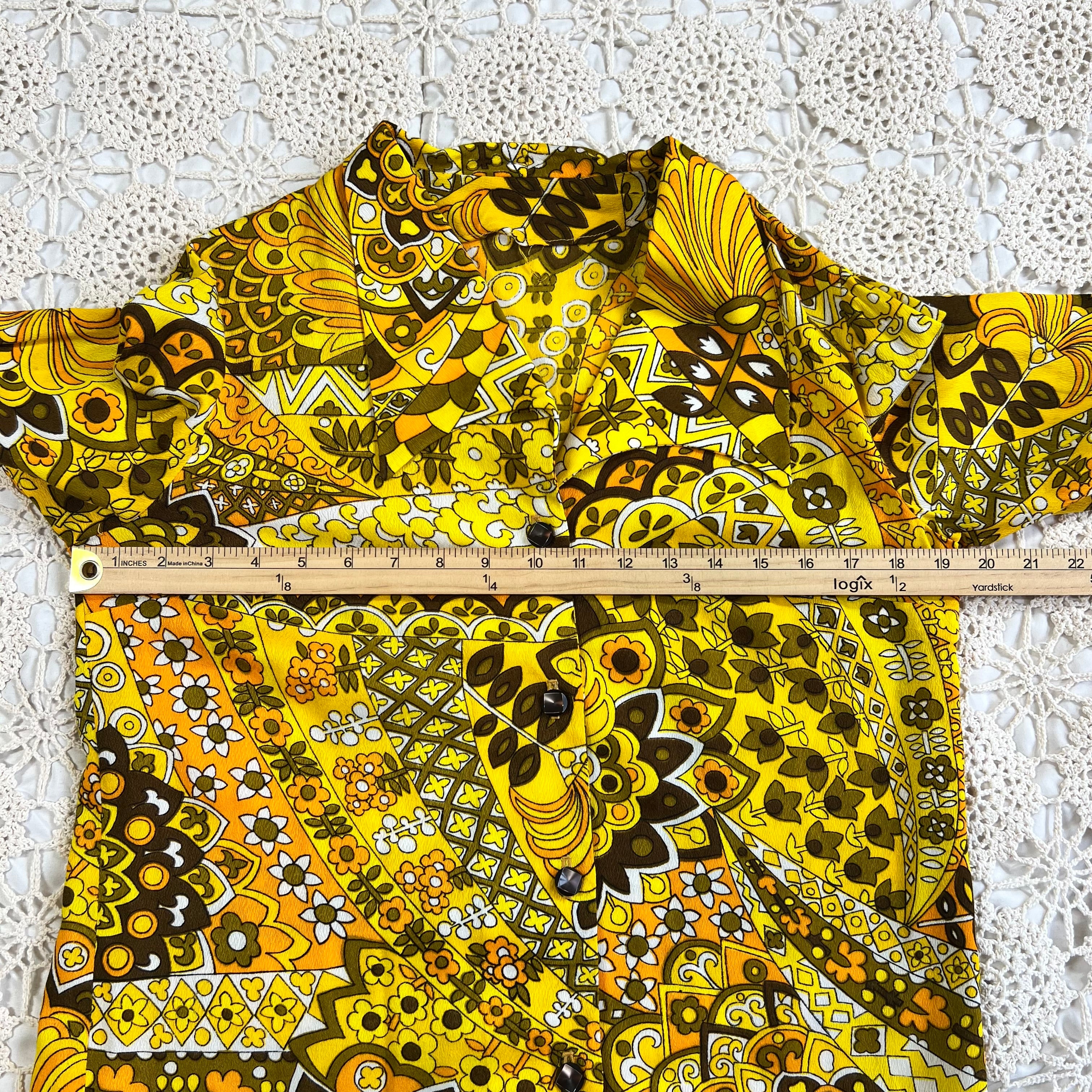 60s Hawaiian Textiles Barkcloth Dagger Collar Blouse M