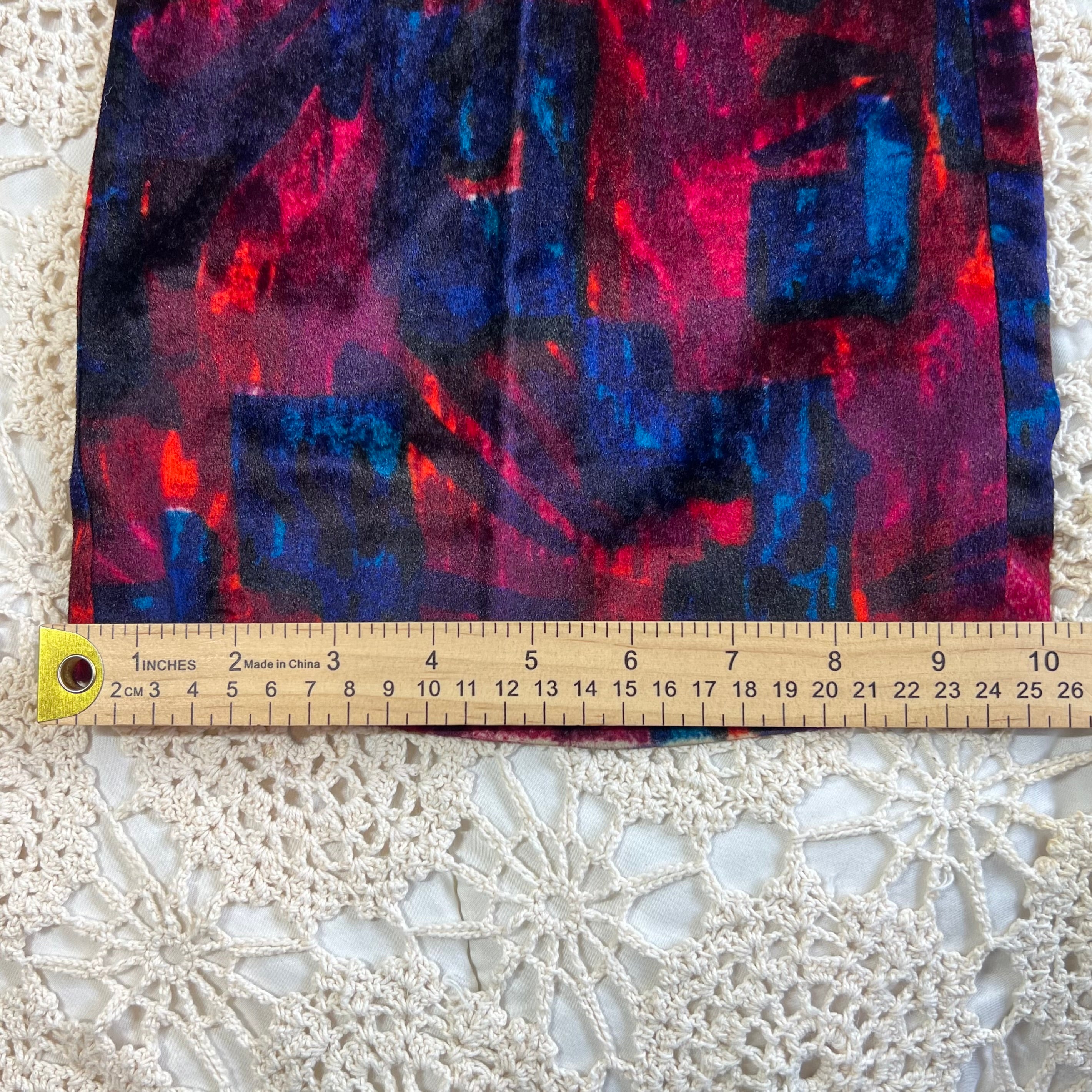 60s/70s Velvet Psychedelic Blue and Red Bell Bottom Pants 33x29