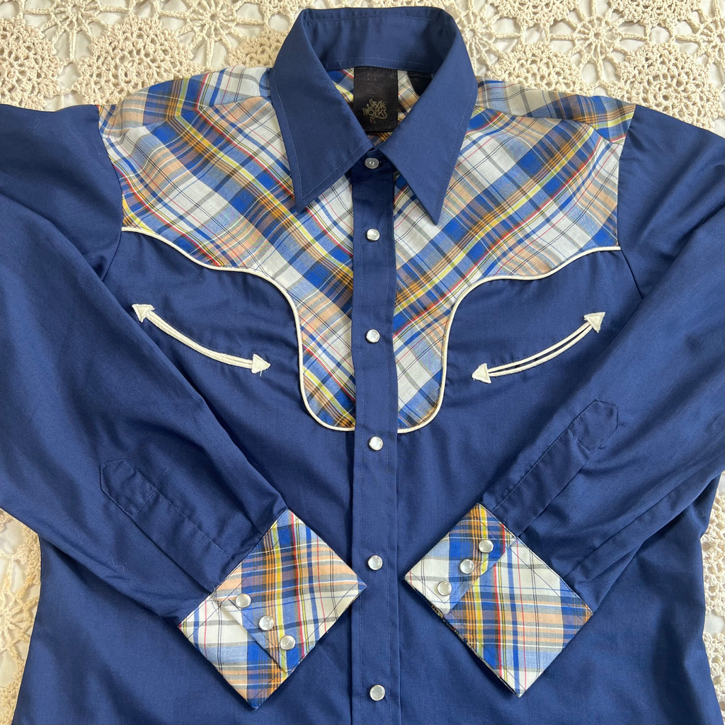 70s Style Works Western Pearl Snap Navy and Brown Plaid M