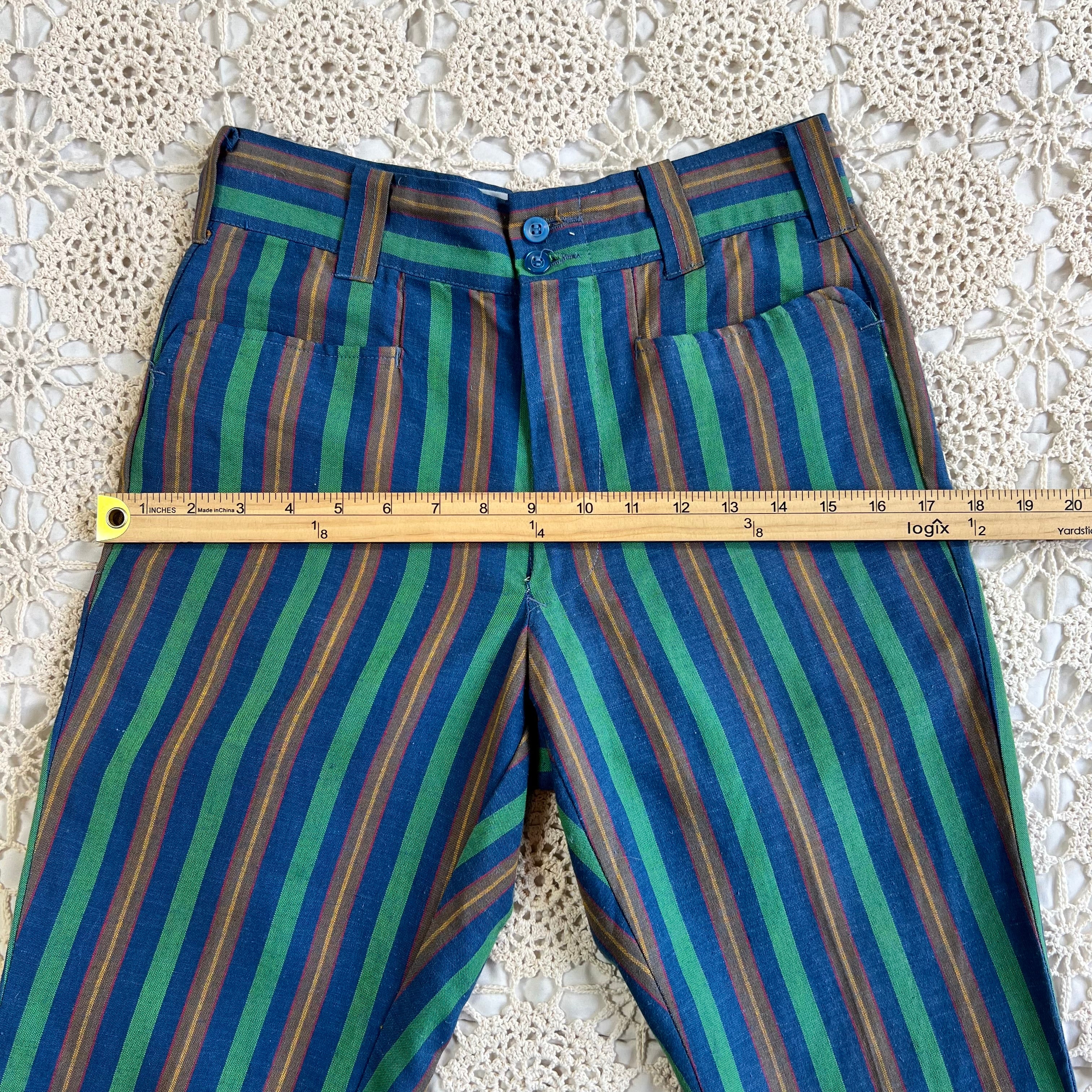 60s Mod Blue and Green Striped Flare Trousers 27x27