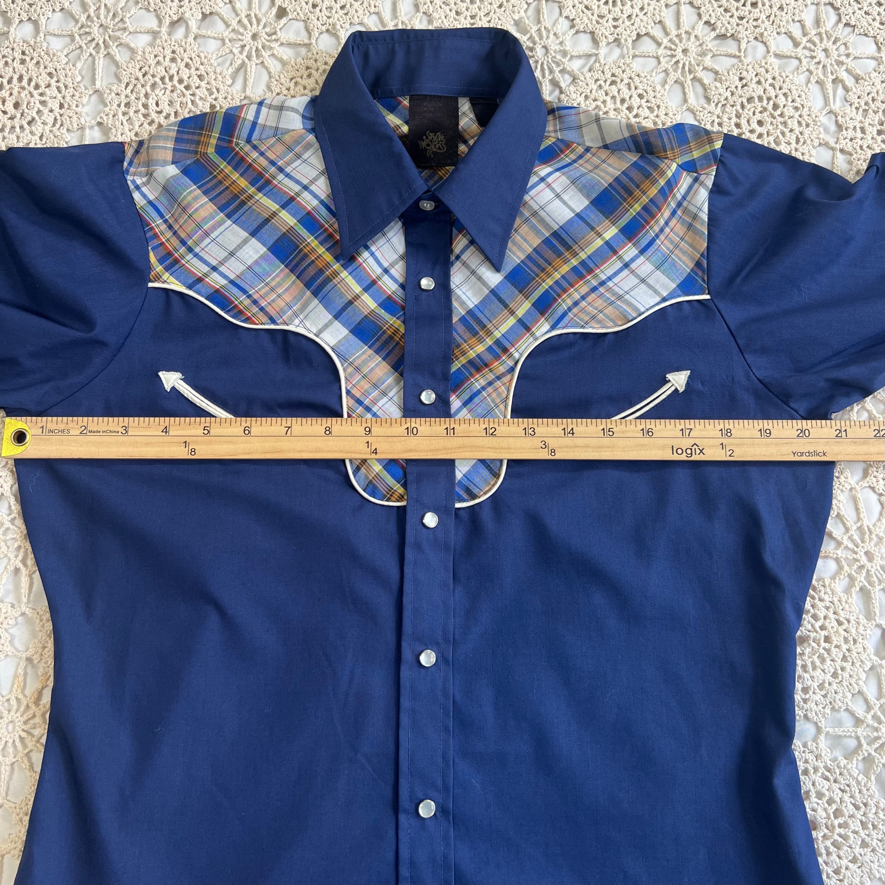 70s Style Works Western Pearl Snap Navy and Brown Plaid M