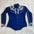 70s Style Works Western Pearl Snap Navy and Brown Plaid M