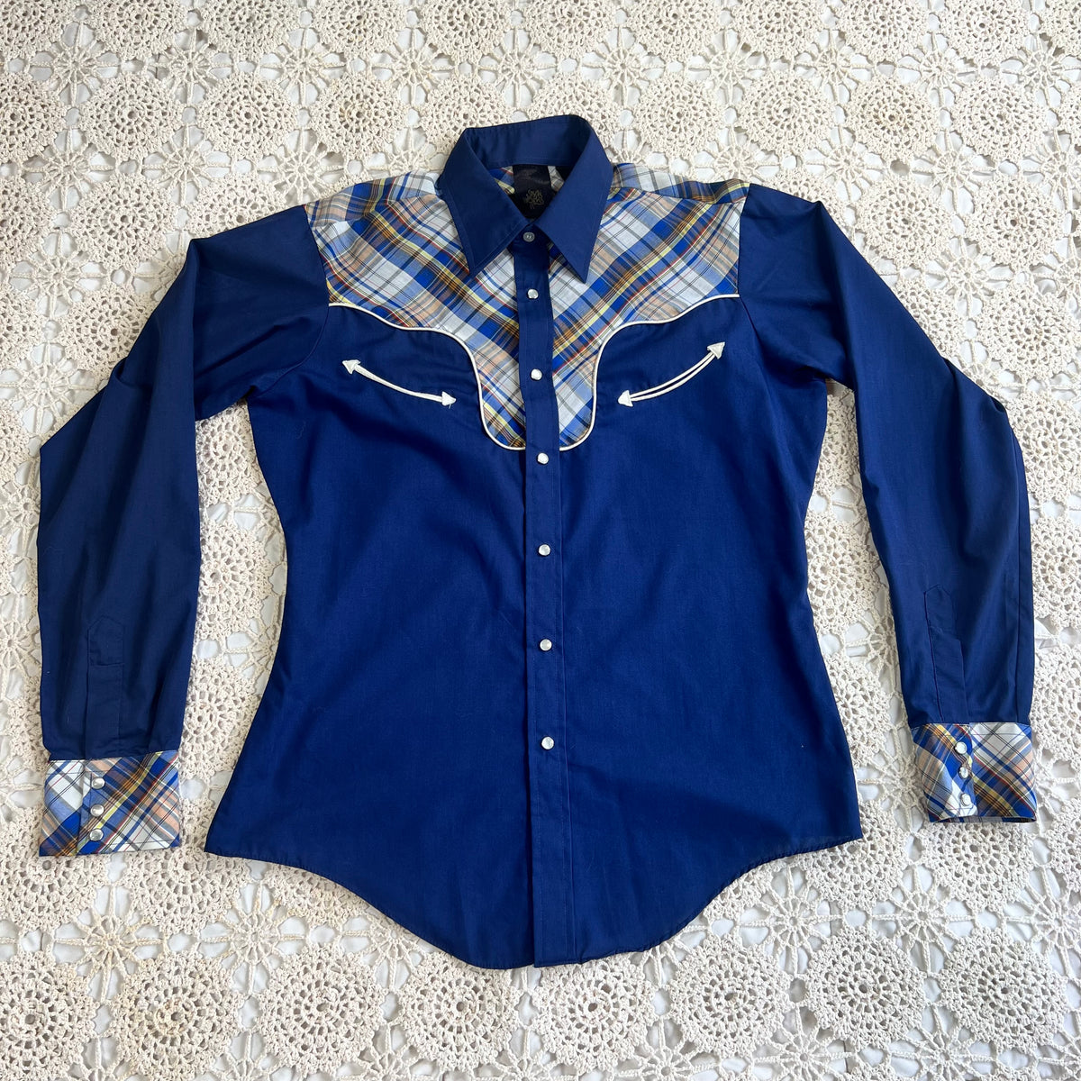 70s Style Works Western Pearl Snap Navy and Brown Plaid M