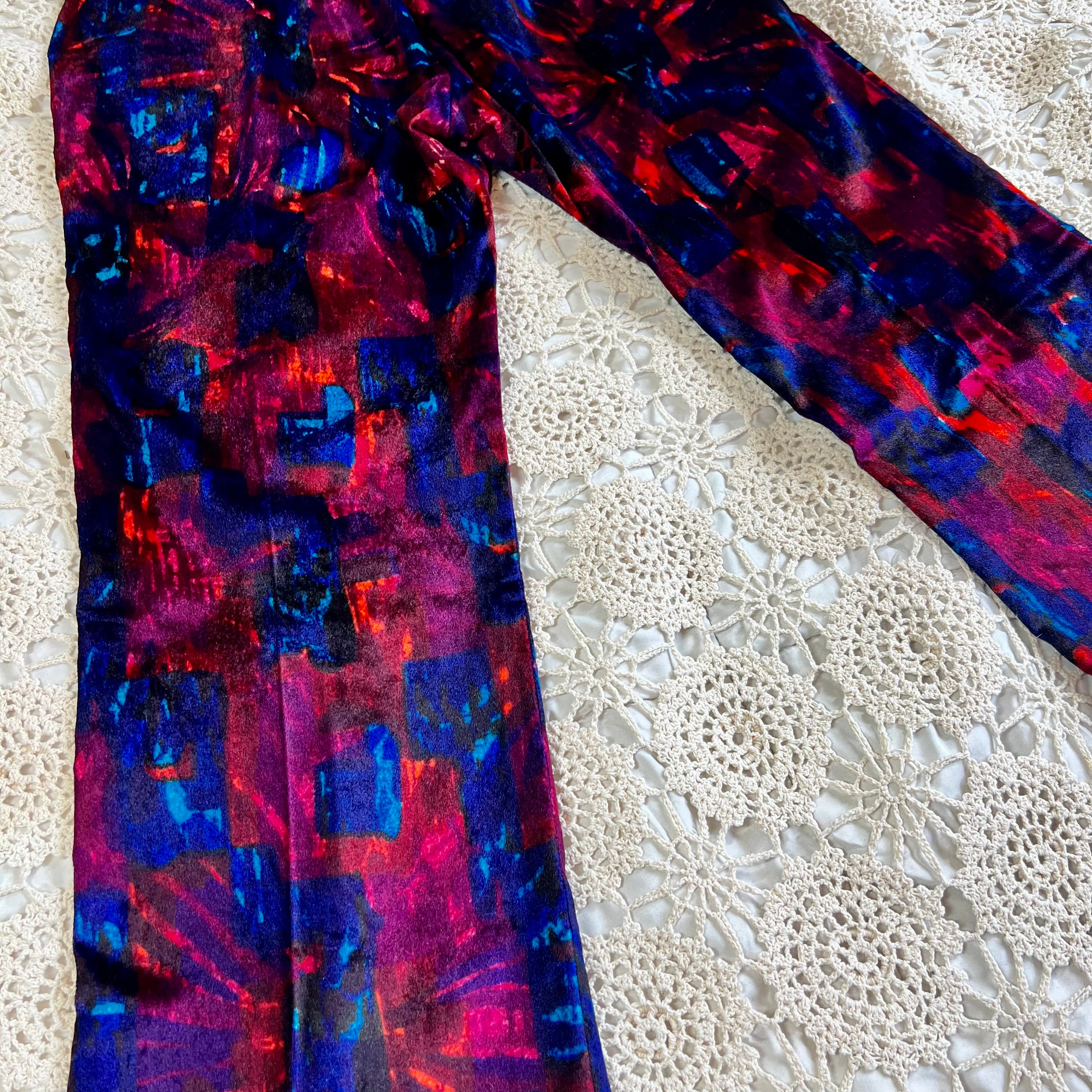 60s/70s Velvet Psychedelic Blue and Red Bell Bottom Pants 33x29