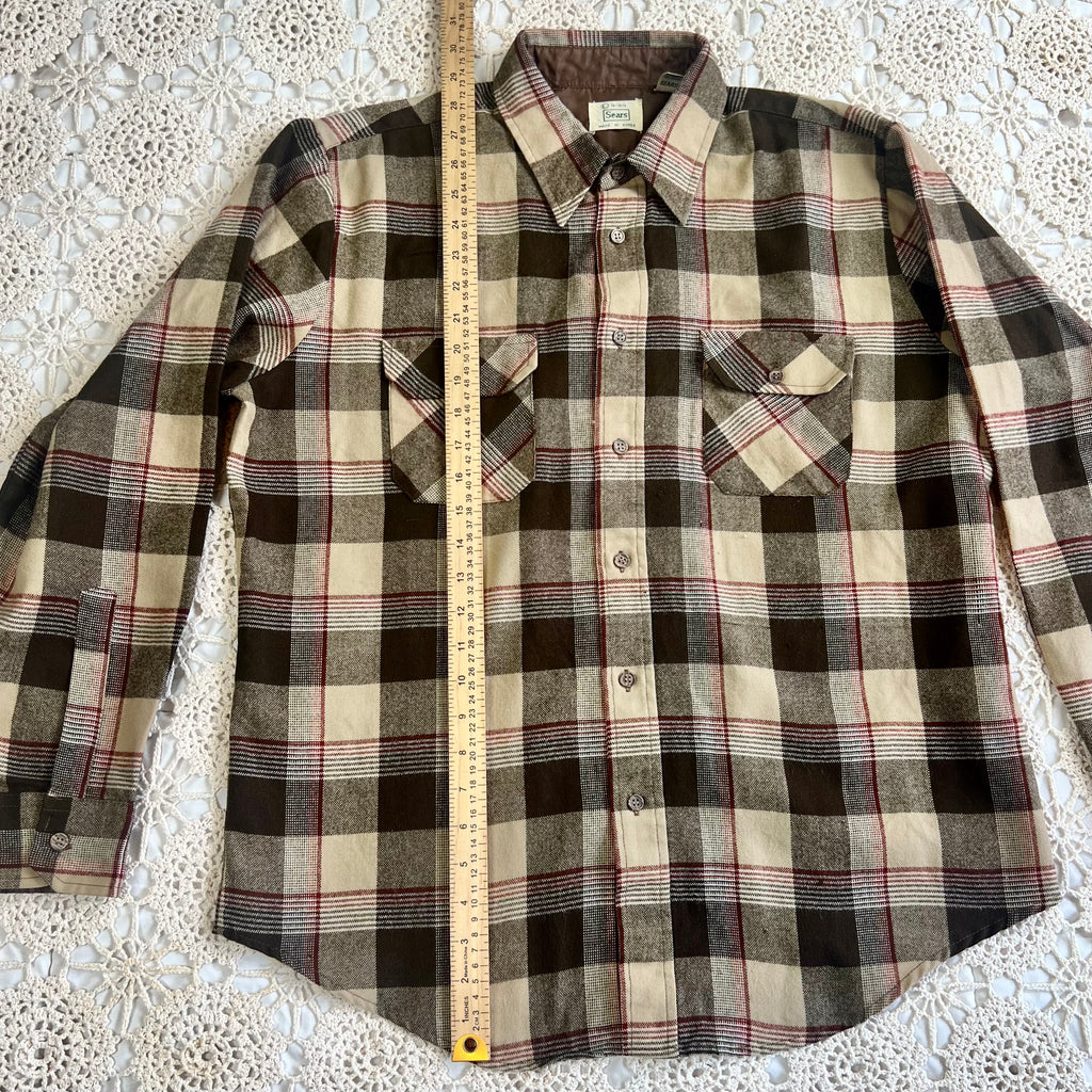 70s Sears Brown Tan Red Plaid Flannel XL