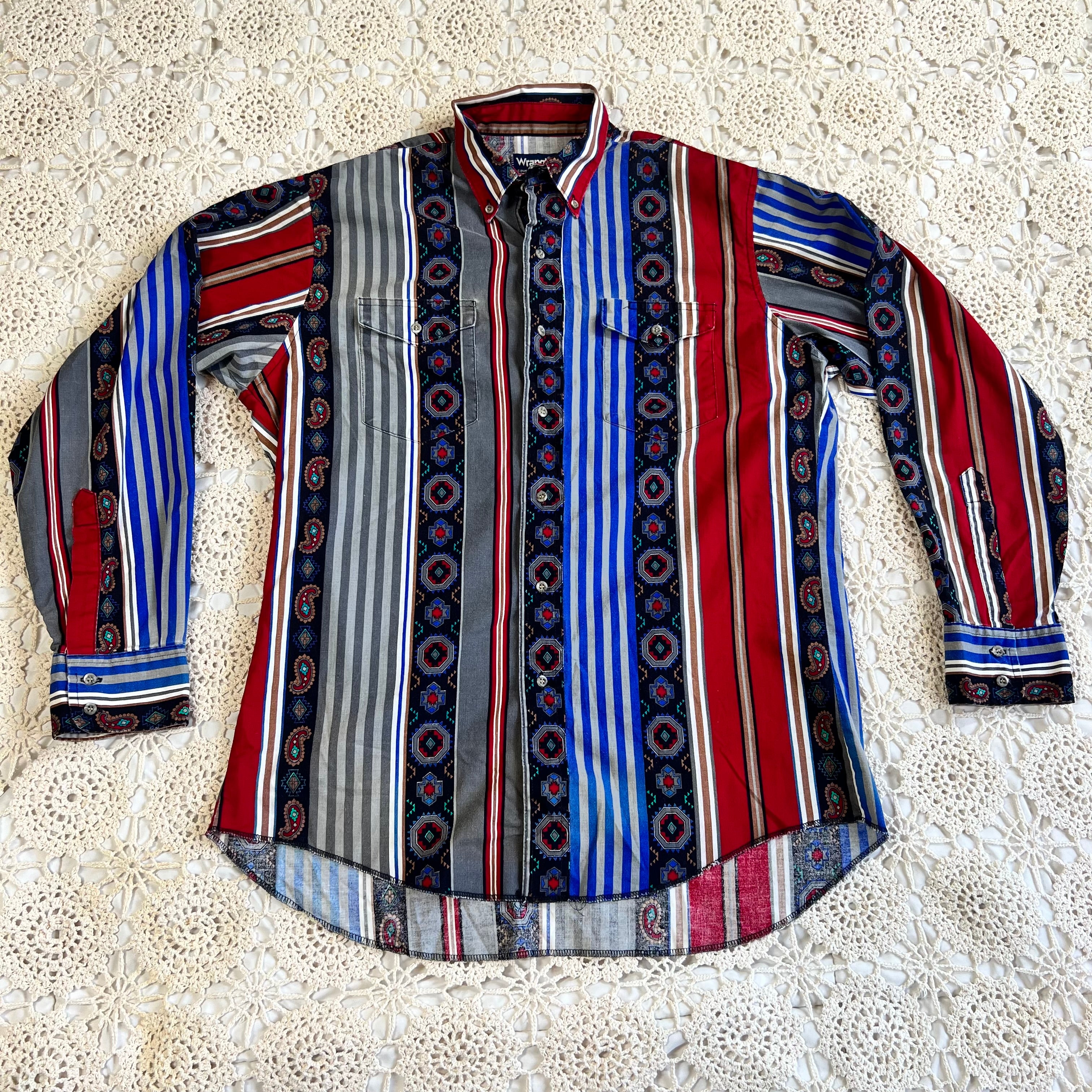 90s Wrangler Southwestern Aztec Stripe Western Button Up L/XL