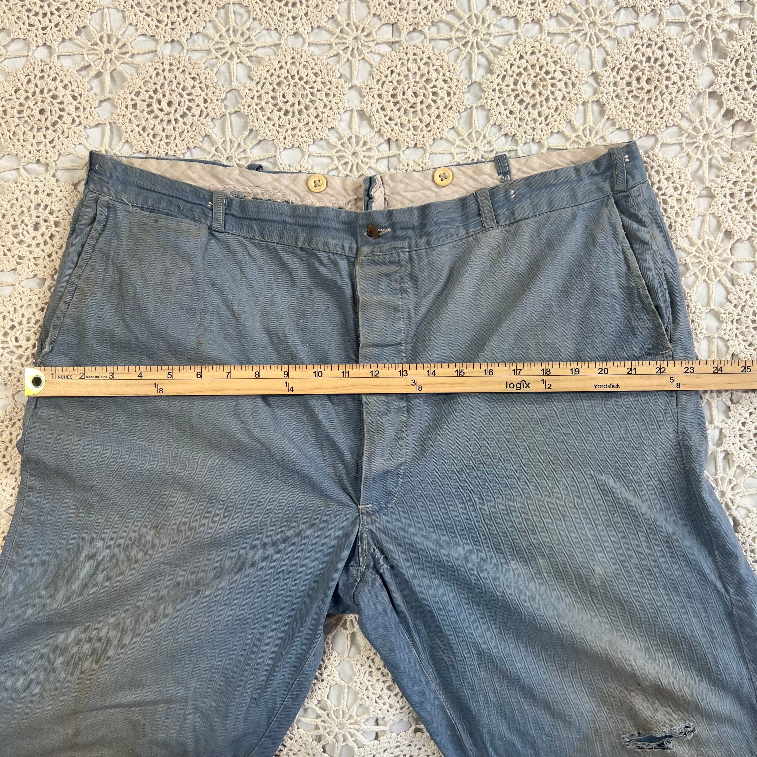 40s Faded Blue Twill Button Fly Work Trousers 40x28