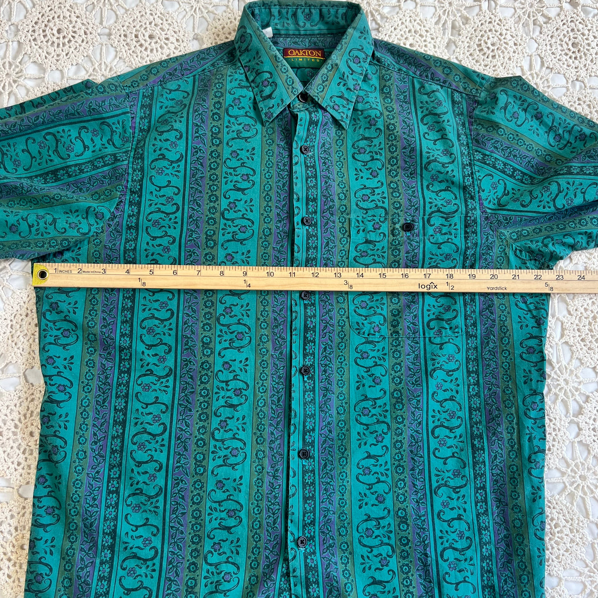 80s Oakton Limited Paisley Tapestry Blue and Green Button Down L/XL