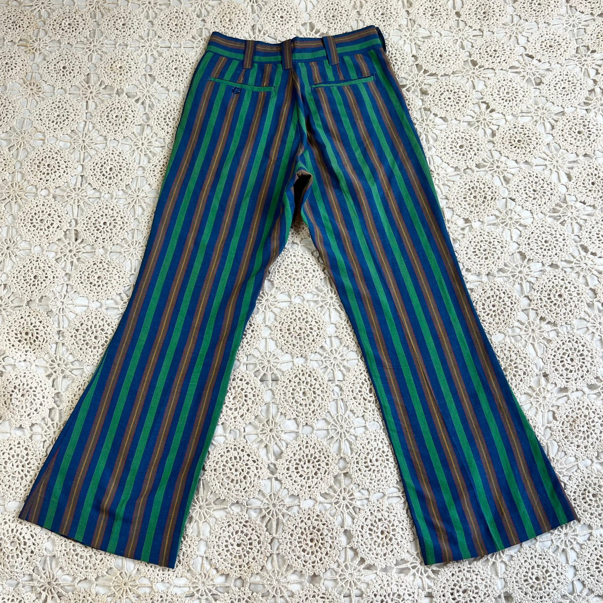 60s Mod Blue and Green Striped Flare Trousers 27x27