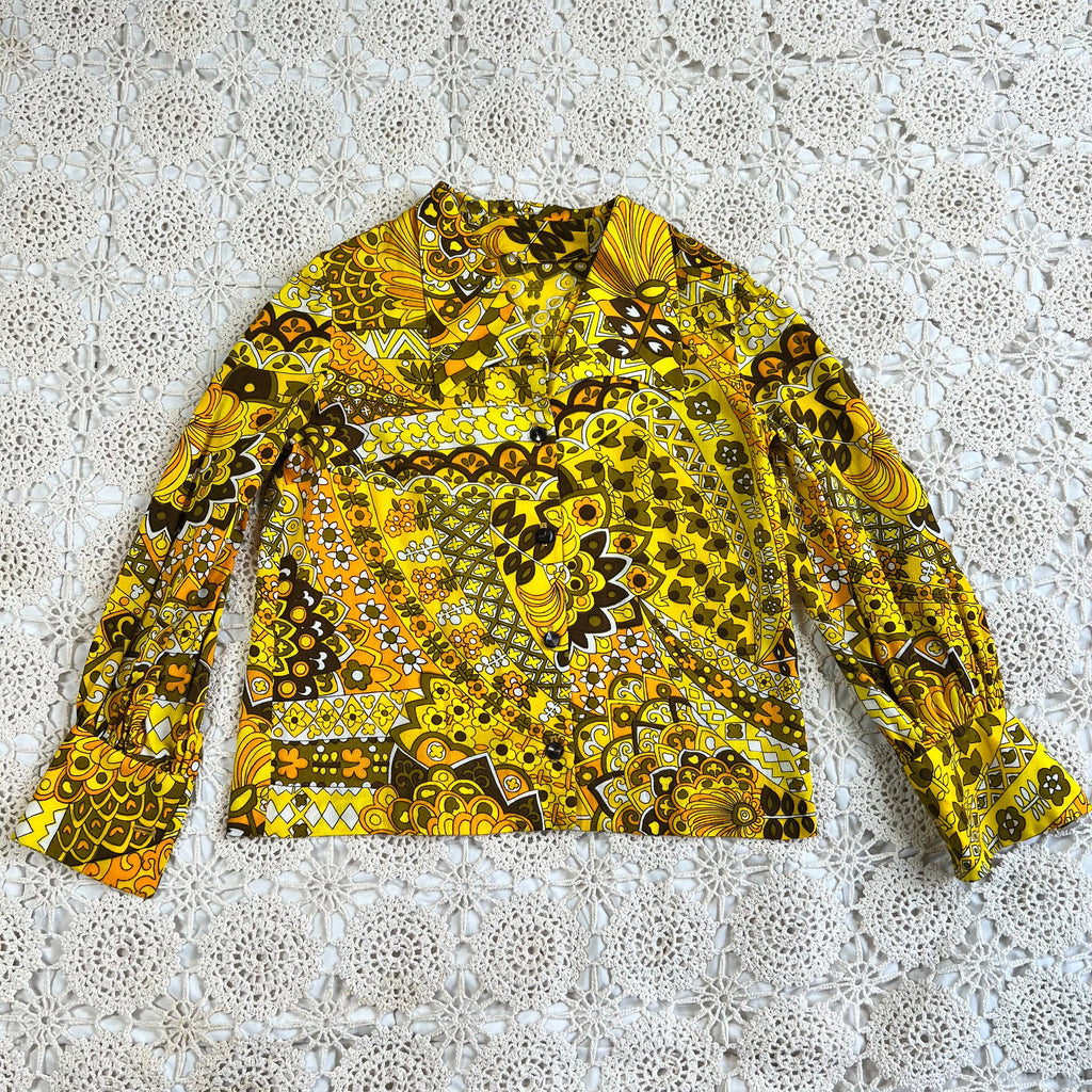 60s Hawaiian Textiles Barkcloth Dagger Collar Blouse M