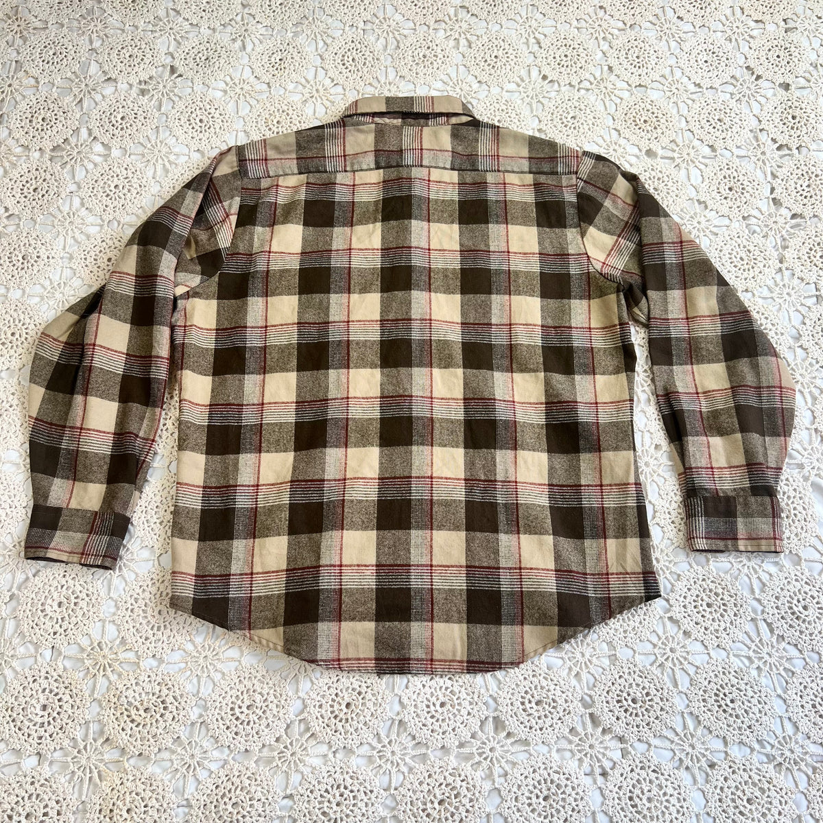 70s Sears Brown Tan Red Plaid Flannel XL
