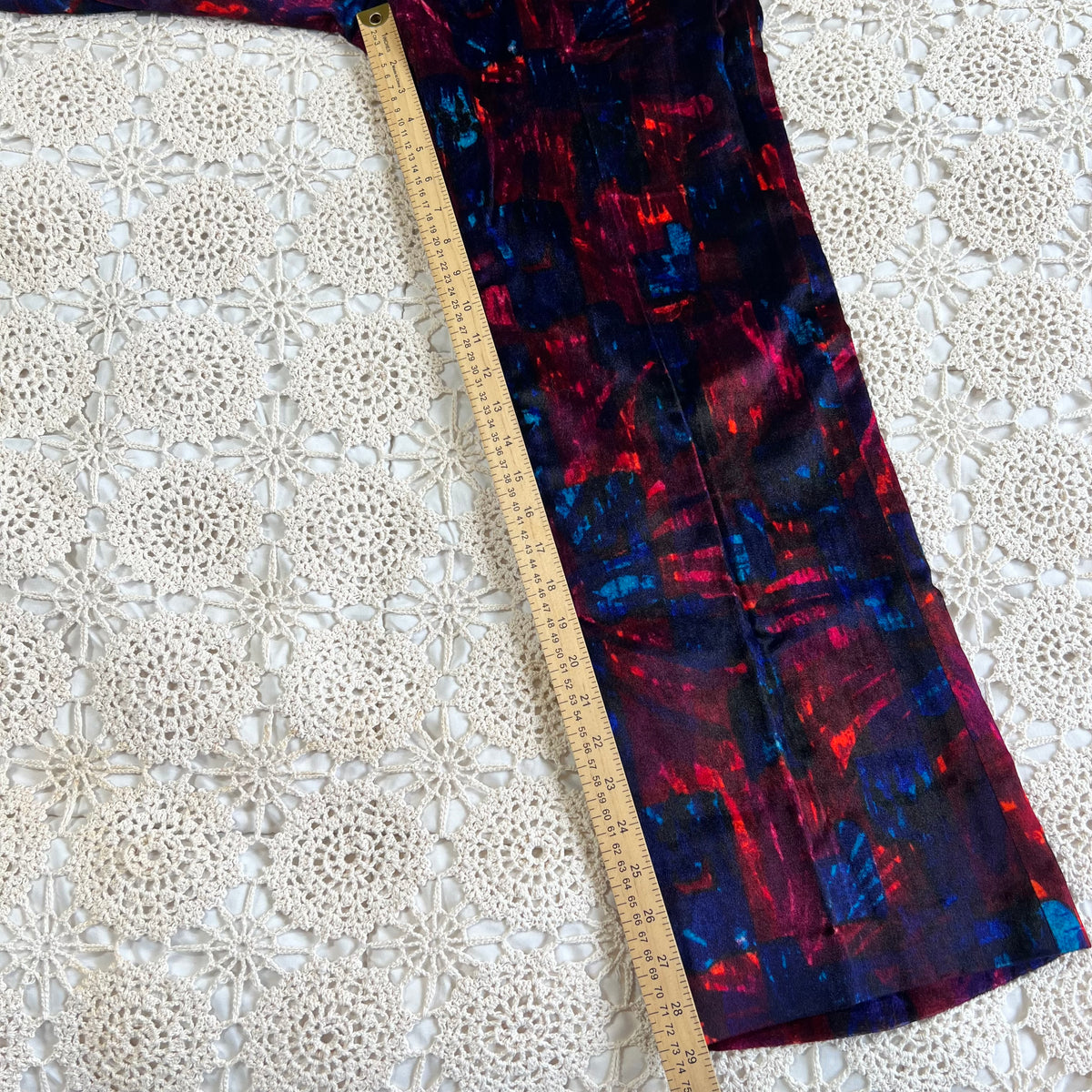 60s/70s Velvet Psychedelic Blue and Red Bell Bottom Pants 33x29