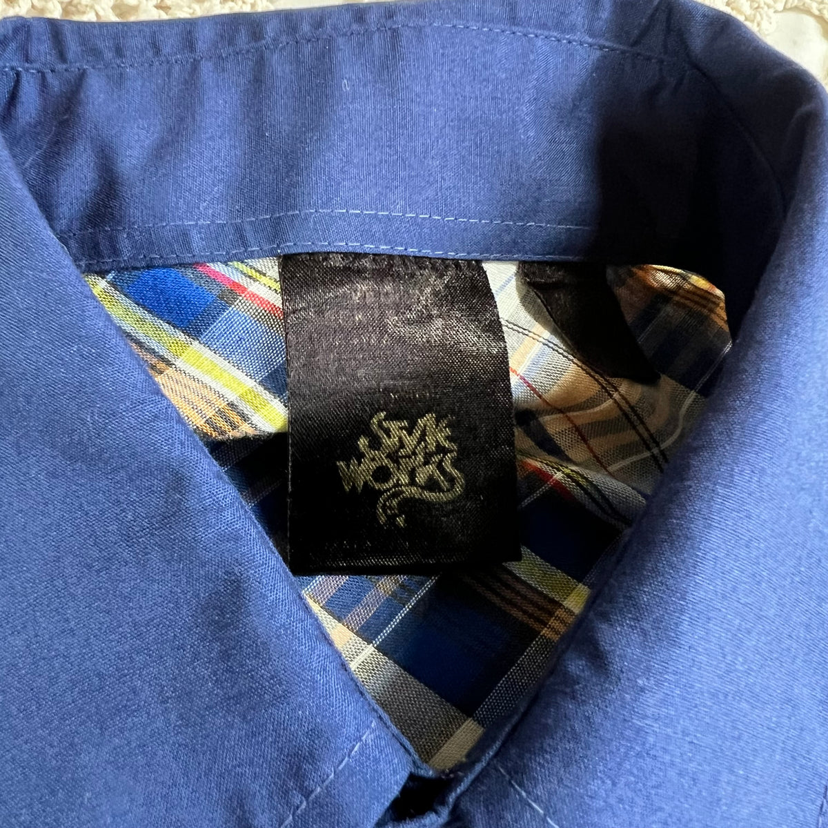 70s Style Works Western Pearl Snap Navy and Brown Plaid M