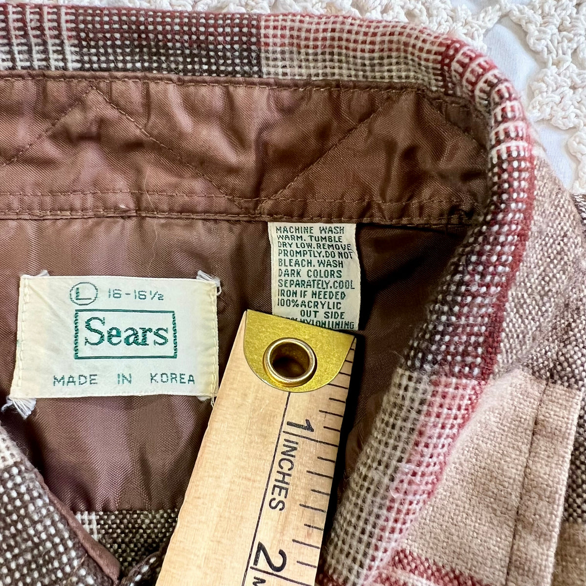 70s Sears Brown Tan Red Plaid Flannel XL