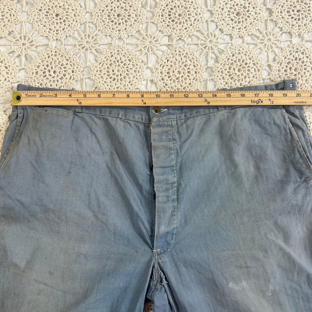 40s Faded Blue Twill Button Fly Work Trousers 40x28